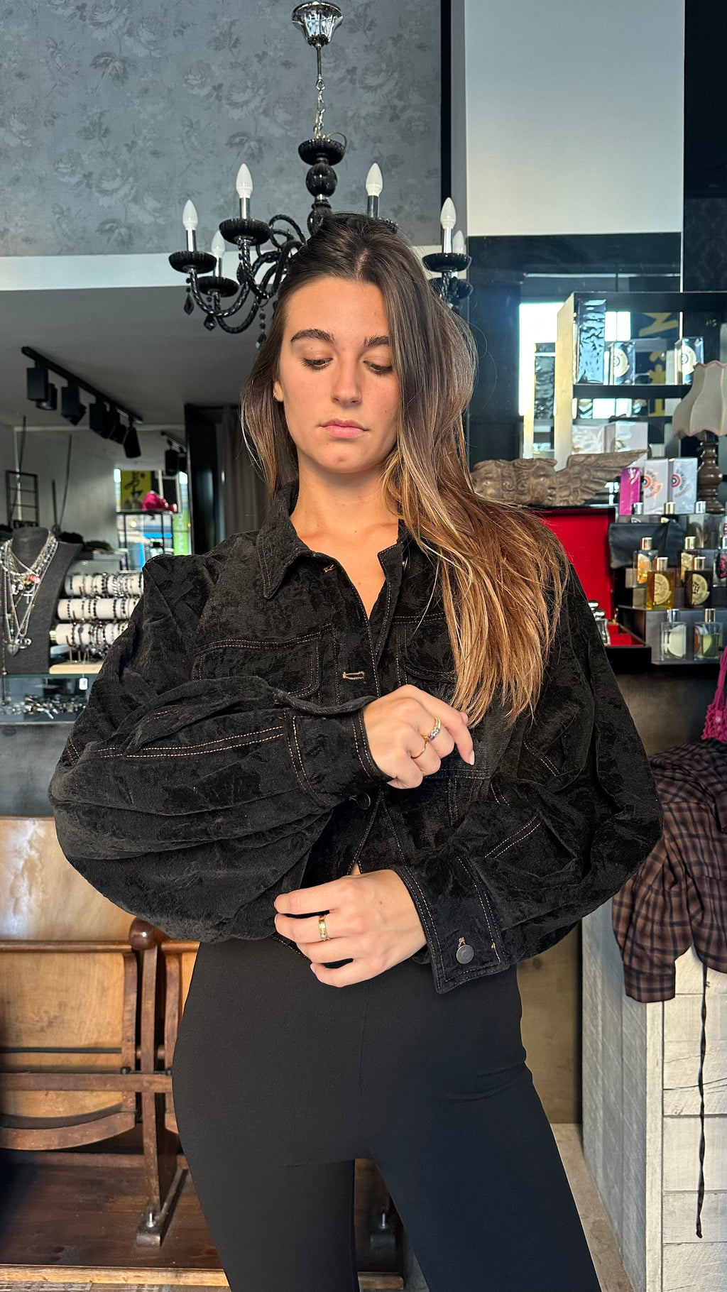 Giacca Crop in Denim e Velluto «noire»