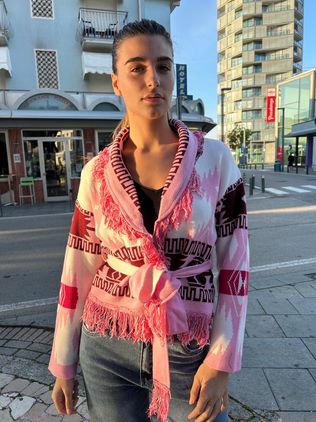 Cardigan Crop Azteco Rosa