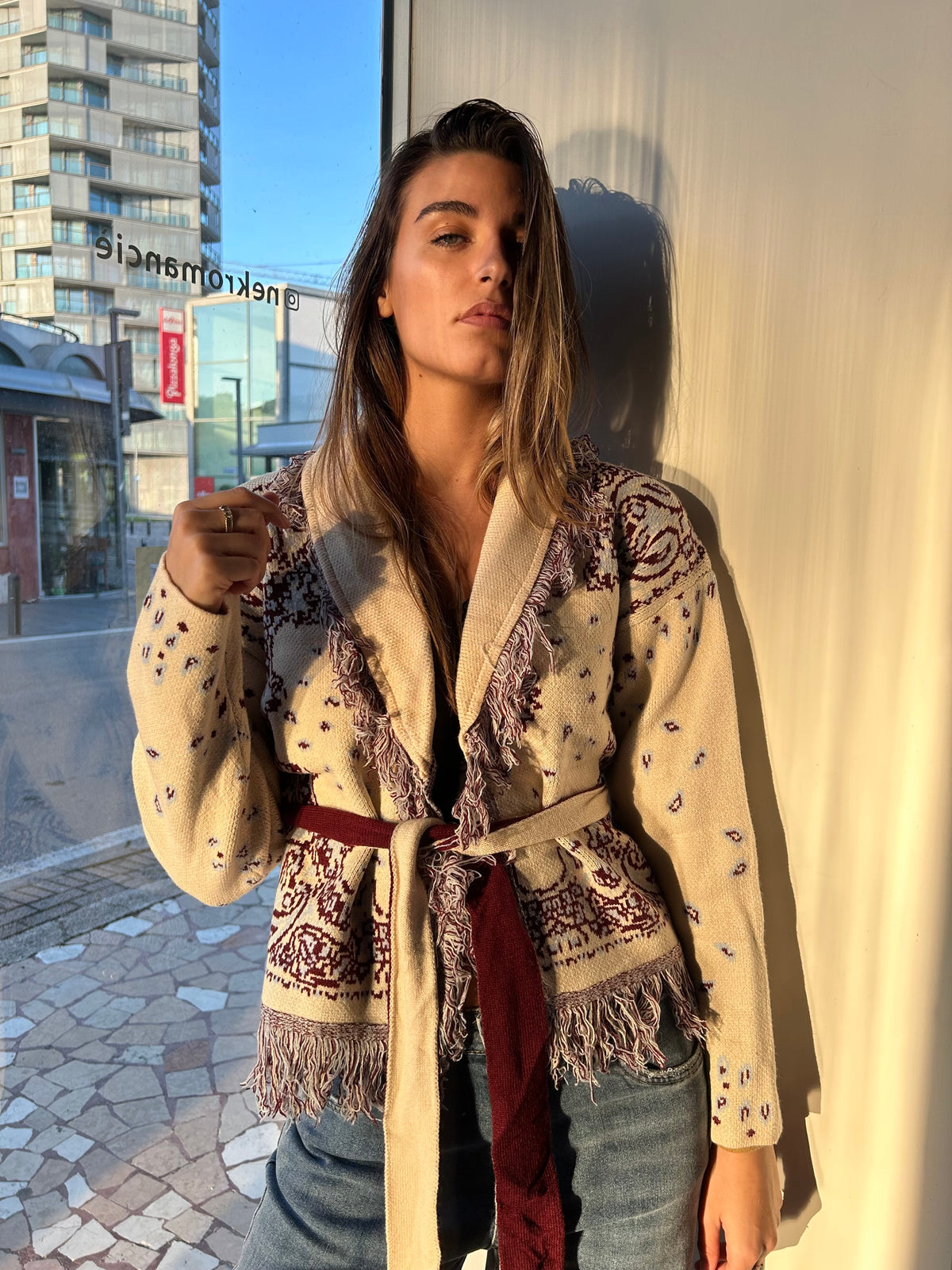 Cardigan Crop Bandana Panna e Bordeaux