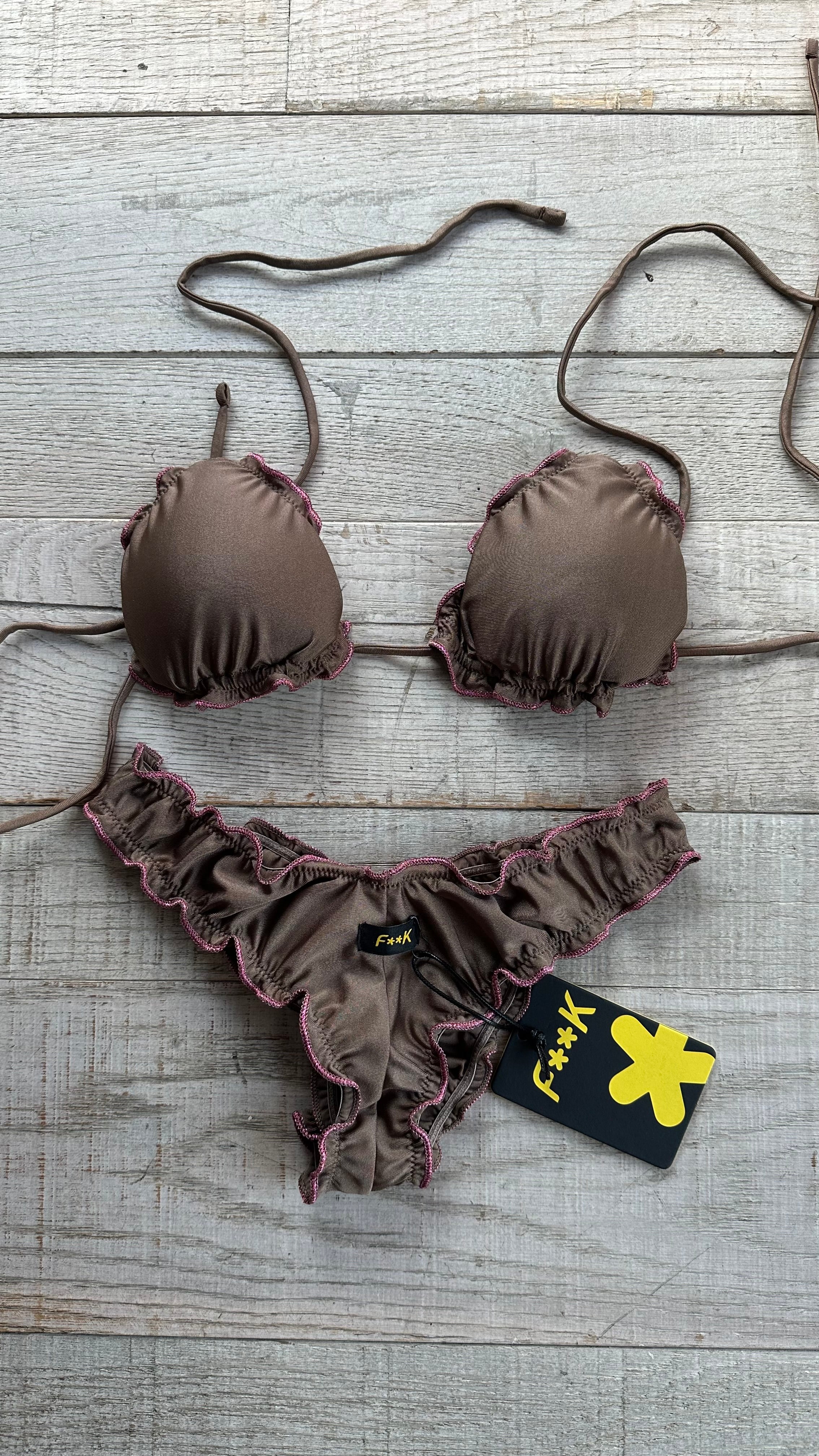 Triangolo Sbambolato Frou Frou Marrone Bordo Rosa Lurex