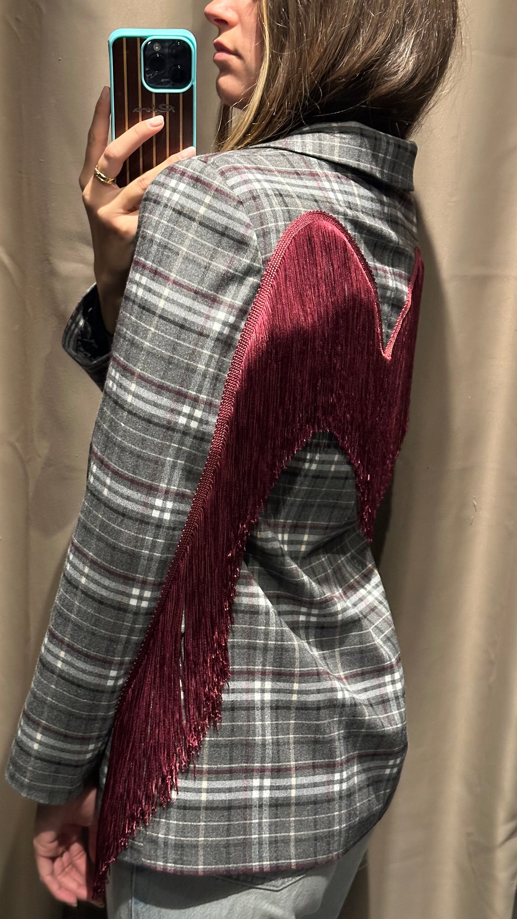 Giacca Blazer Tartan Rodeo con Frange Bordeaux
