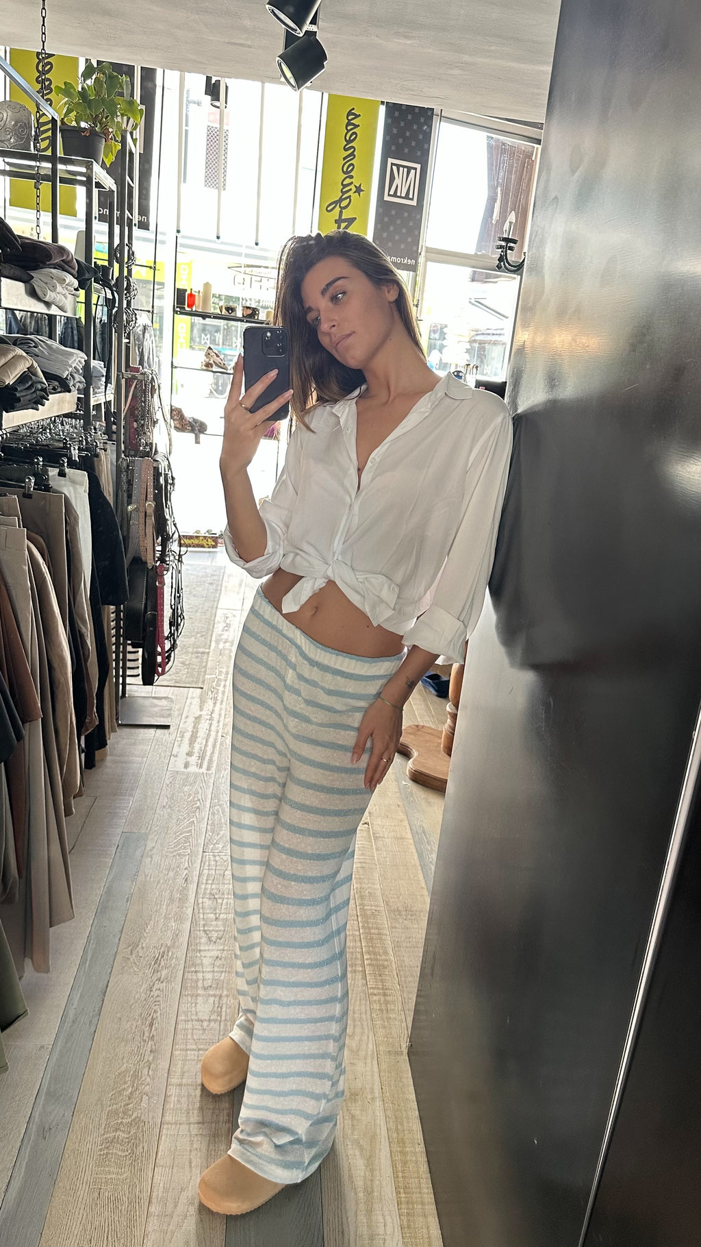 Pantalone a Riga In Lino Azzurro