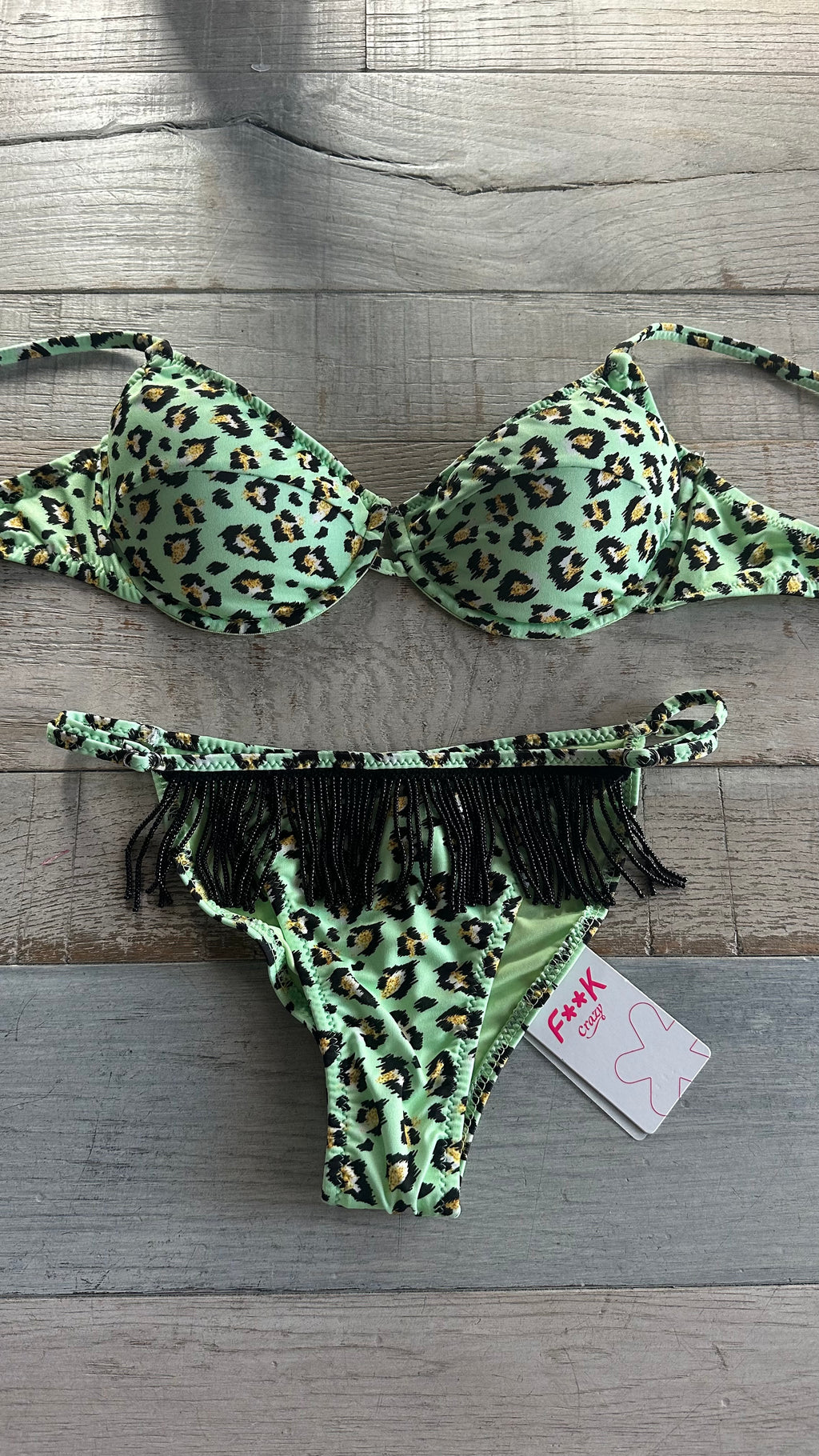 Balconcino Leopardato Verde con Perline Nere