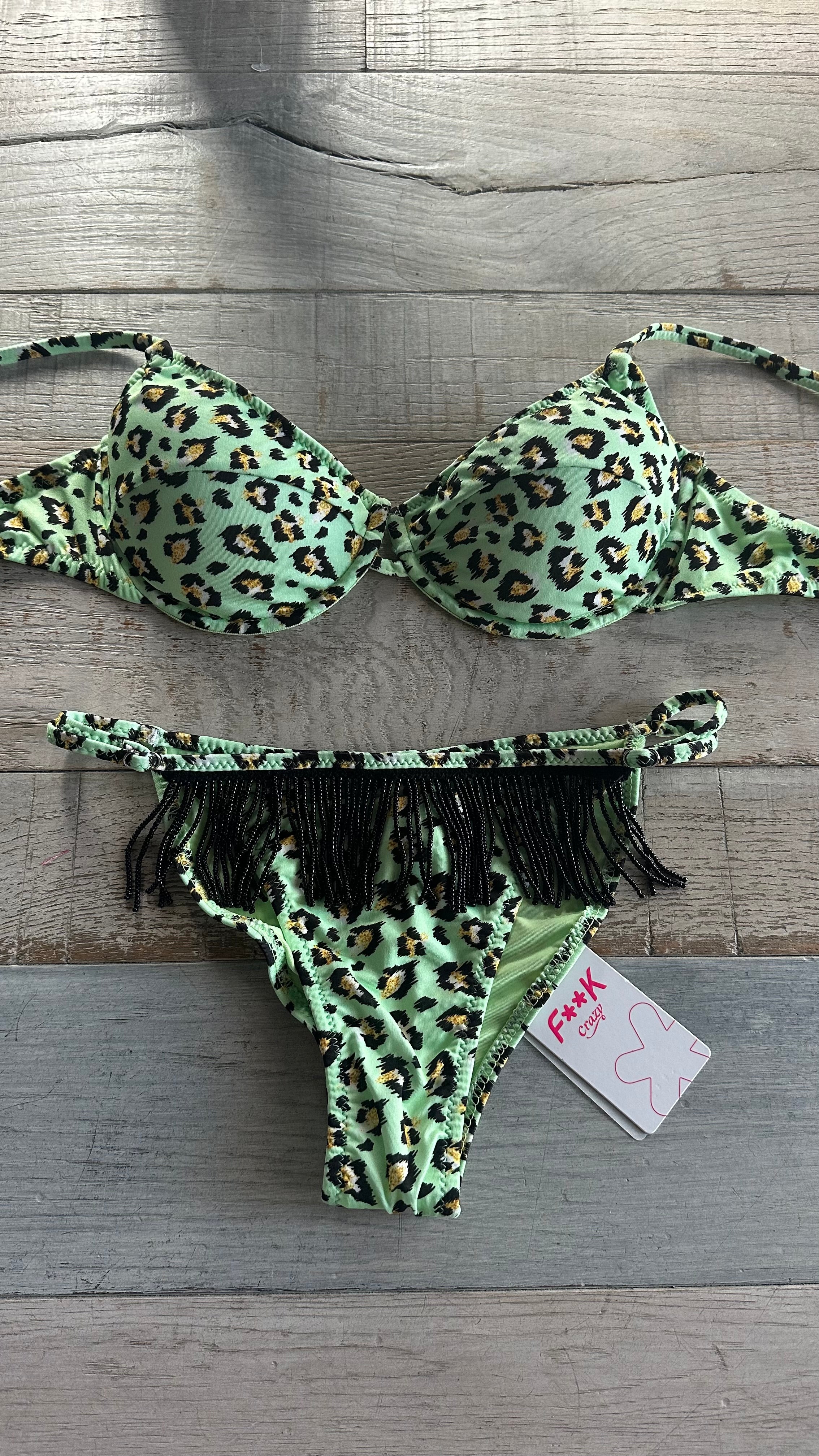 Balconcino Leopardato Verde con Perline Nere