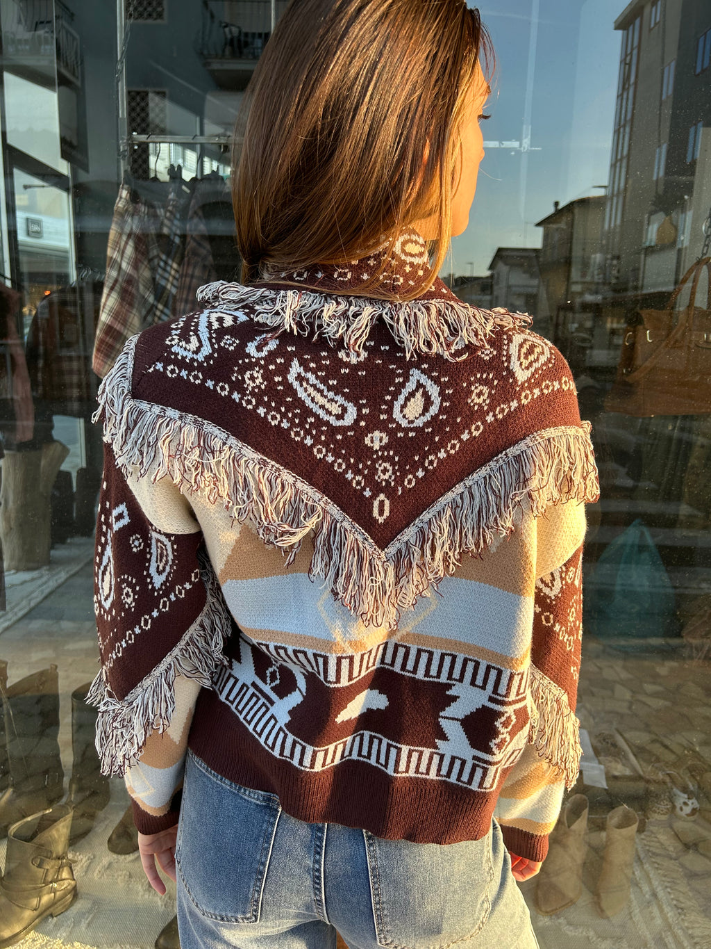 Cardigan Crop Bandana Marrone e Celeste