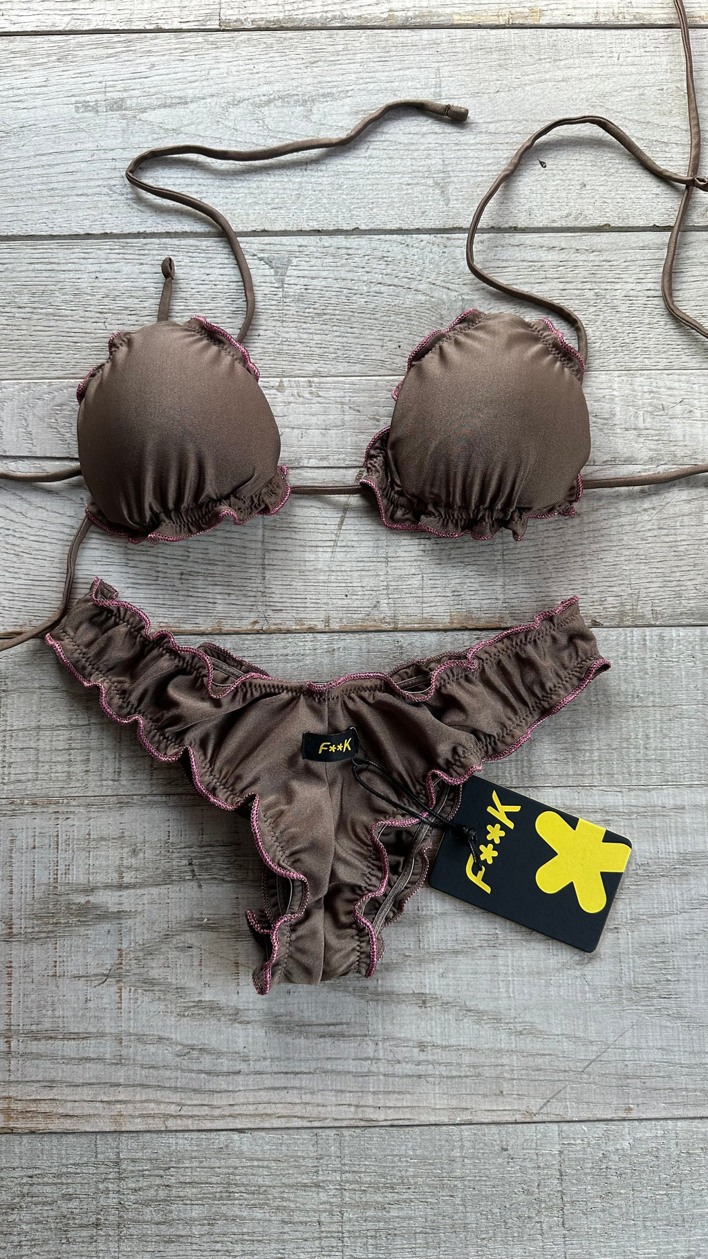 Triangolo Sbambolato Frou Frou Marrone Bordo Rosa Lurex