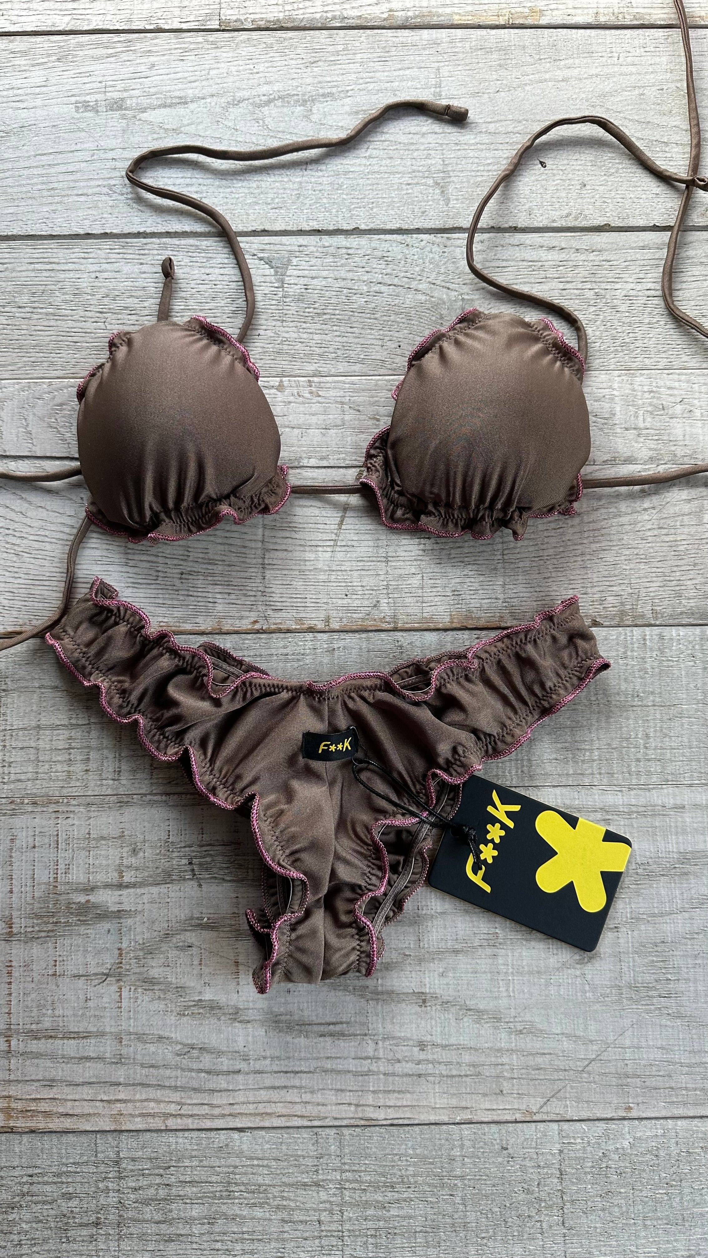 Triangolo Sbambolato Frou Frou Marrone Bordo Rosa Lurex