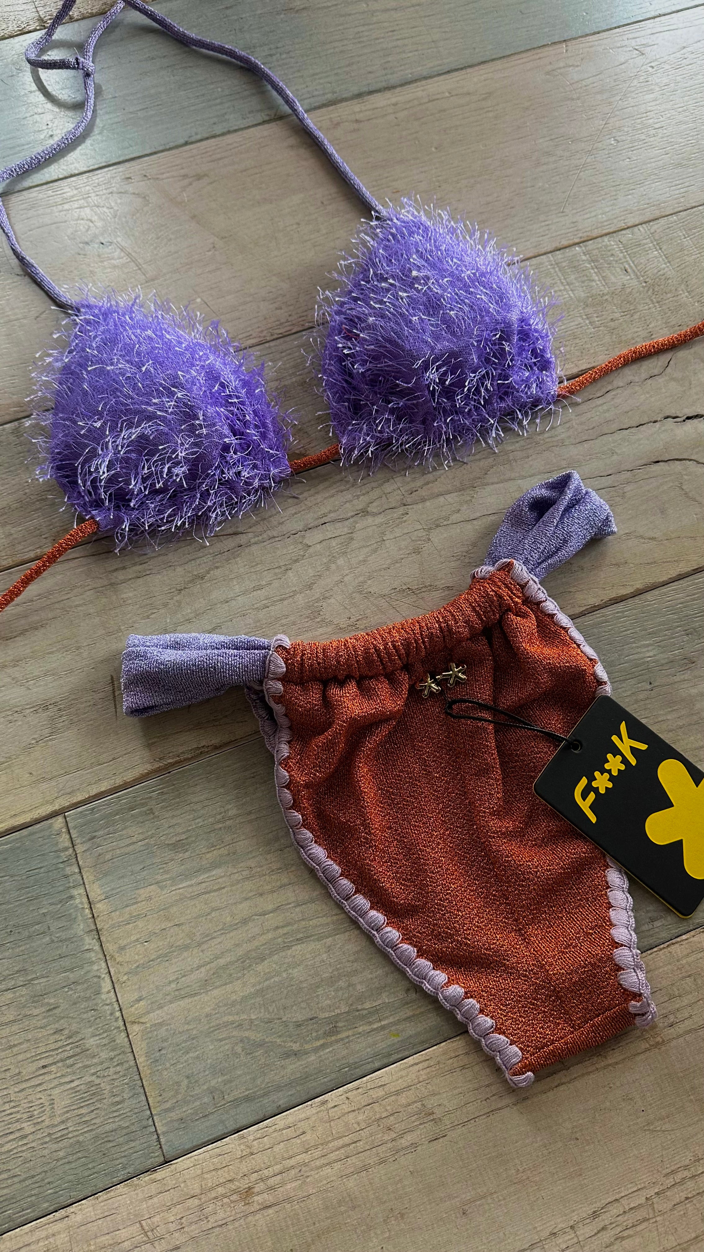 Triangolo in Lurex slip a tendina Piume Lilla e Arancione