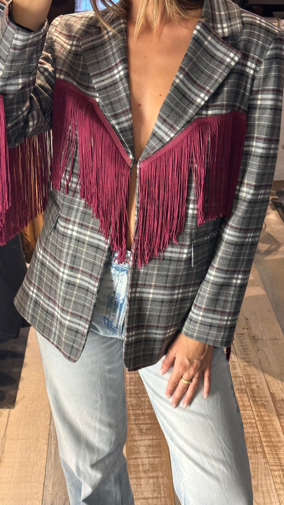 Giacca Blazer Tartan Rodeo con Frange Bordeaux