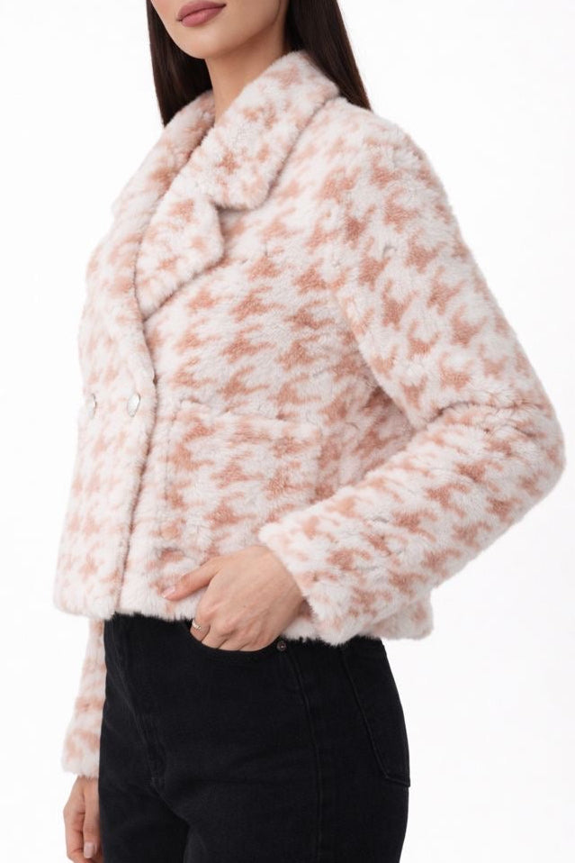 Eco Pelliccia Pied De Poule Panna e Rosa Cipria