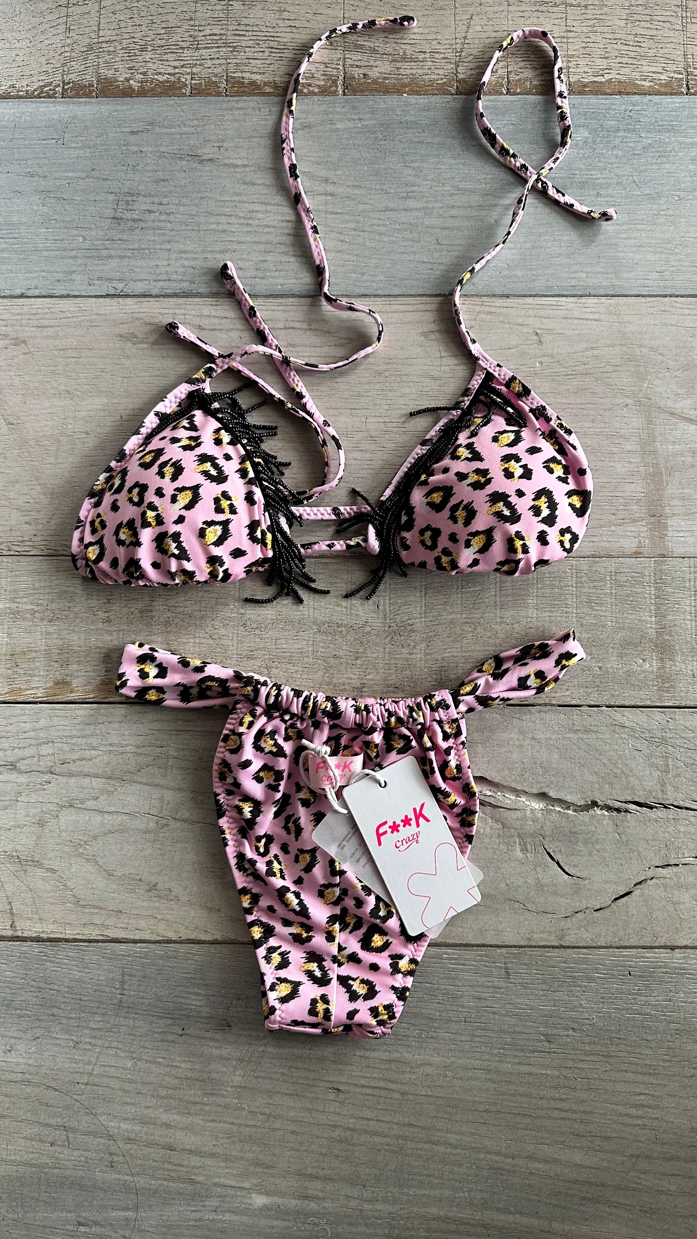 Triangolo in Lycra Leopardato Rosa con perline