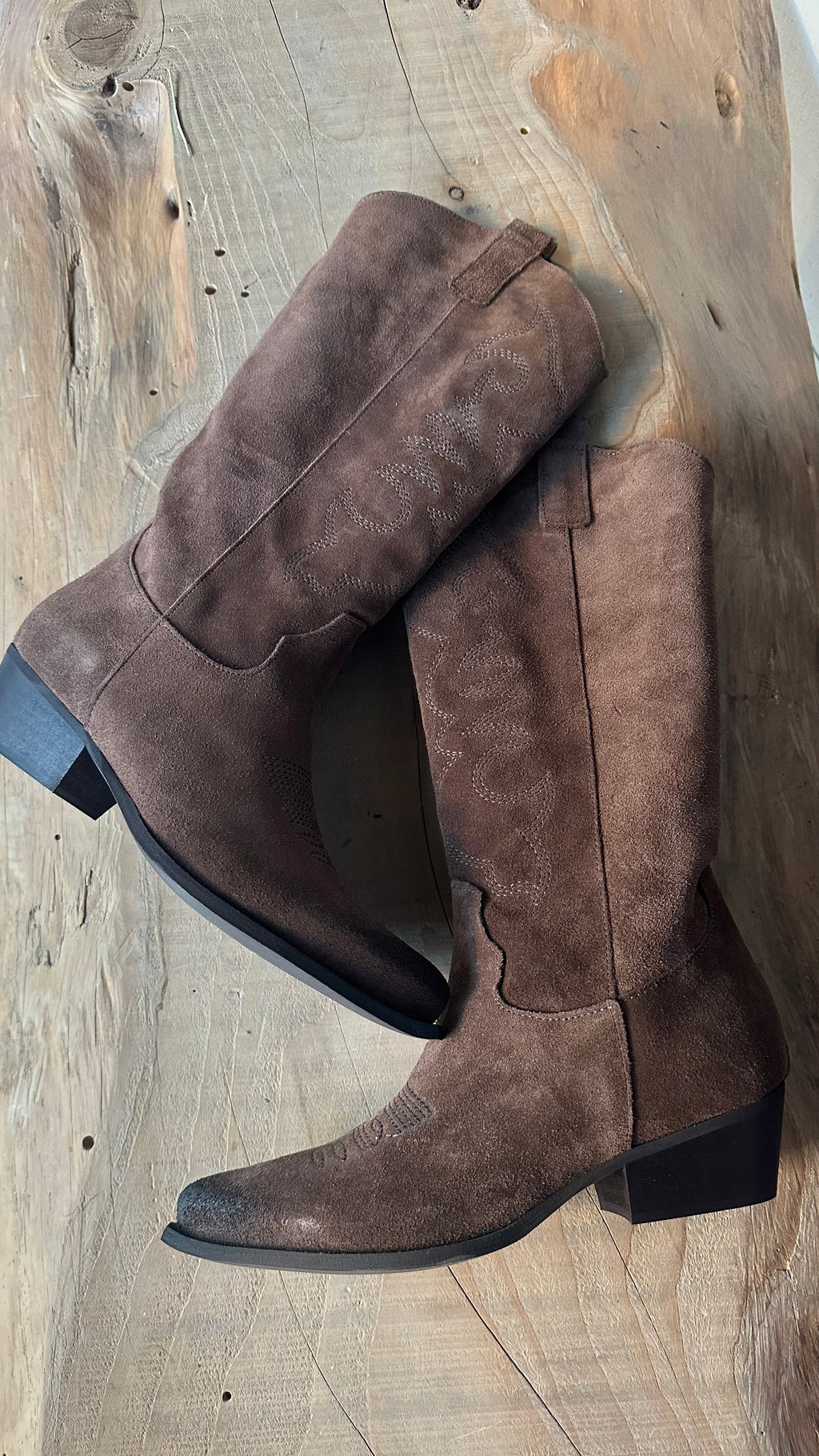 Stivale Texano in camoscio Ricamato Marrone