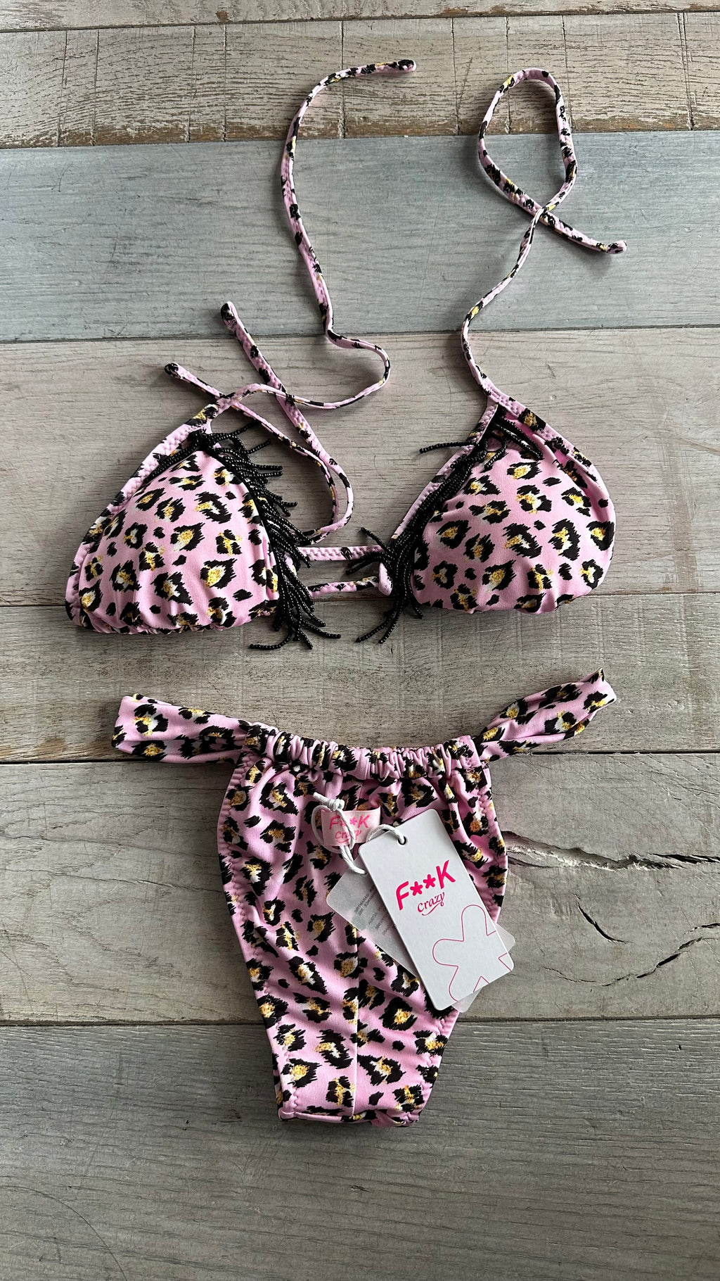 Triangolo in Lycra Leopardato Rosa con perline