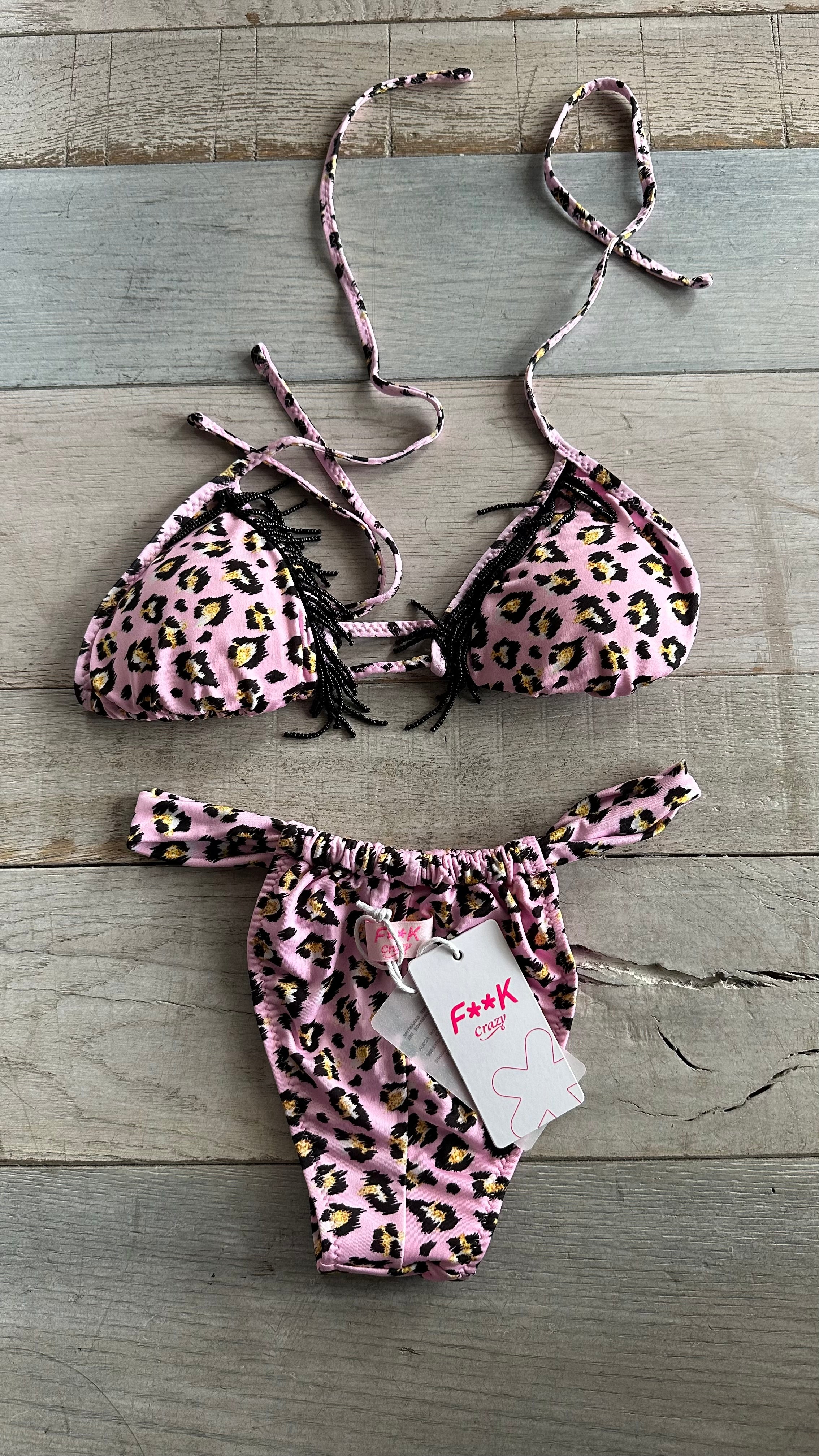 Triangolo in Lycra Leopardato Rosa con perline