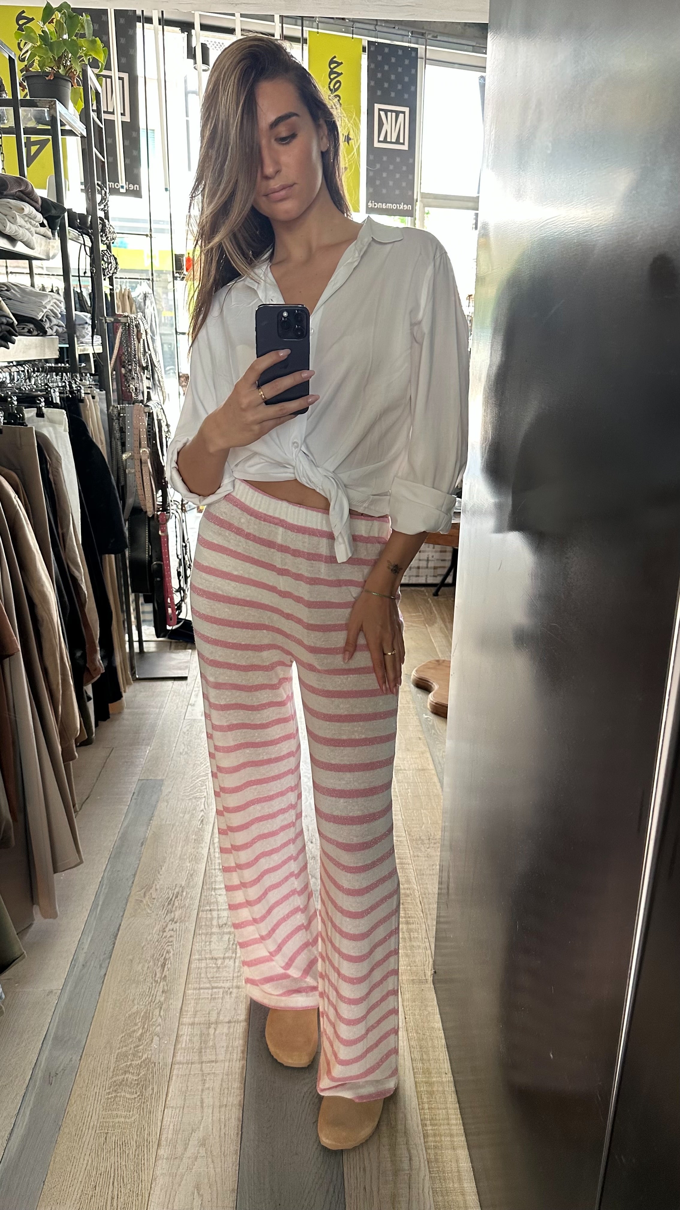 Pantalone a Riga In Lino Rosa
