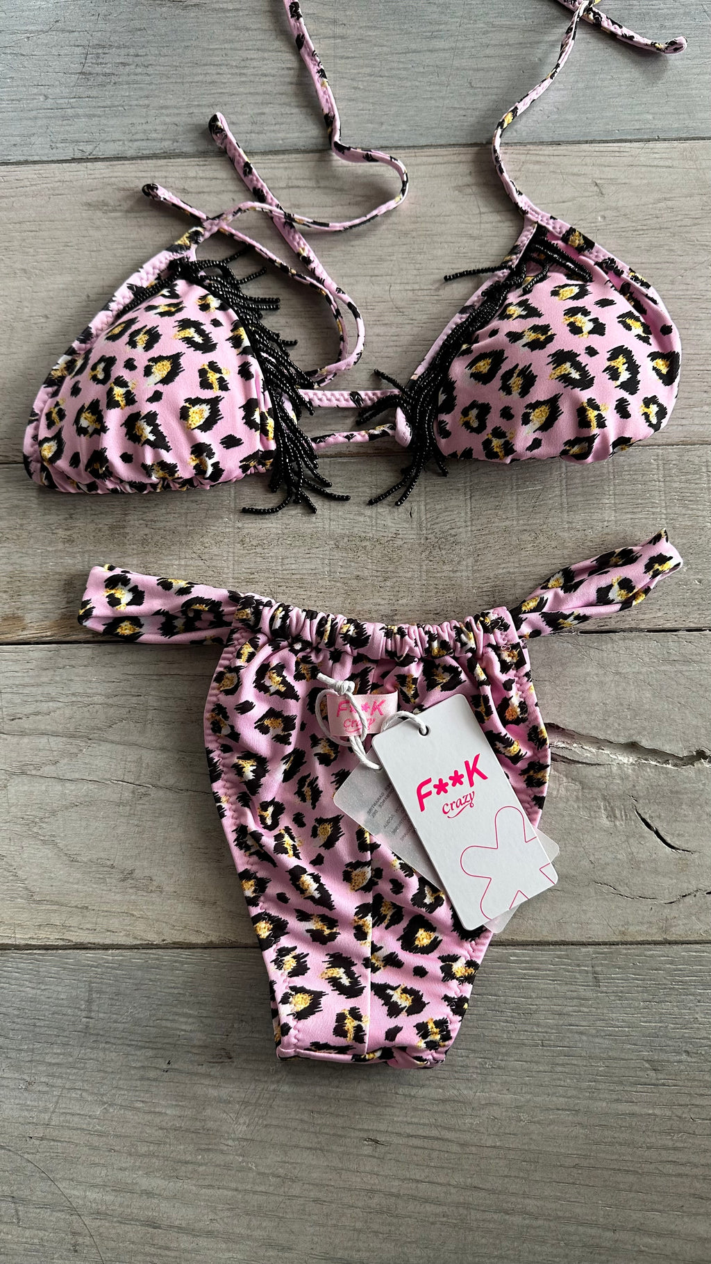 Triangolo in Lycra Leopardato Rosa con perline