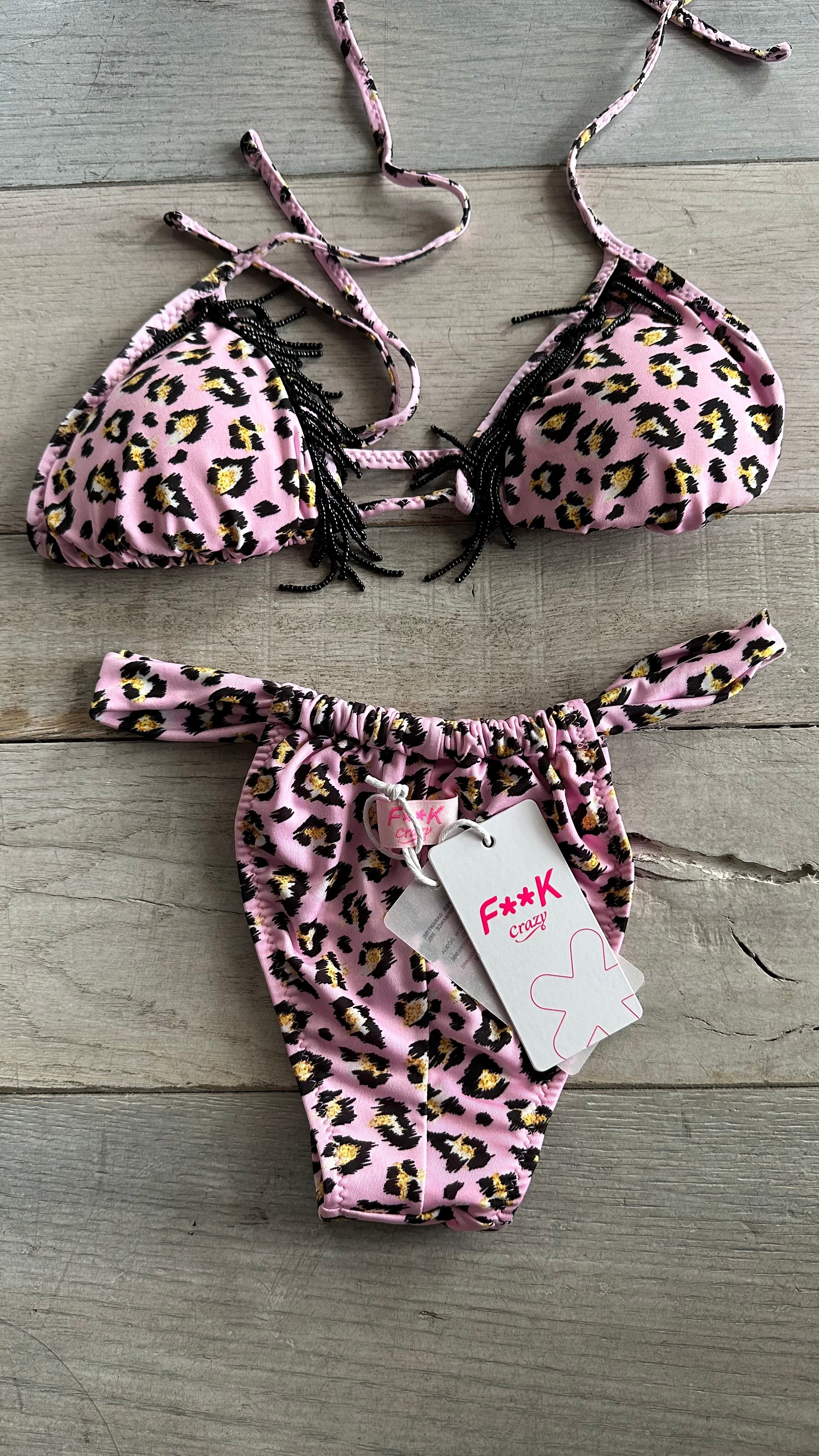 Triangolo in Lycra Leopardato Rosa con perline