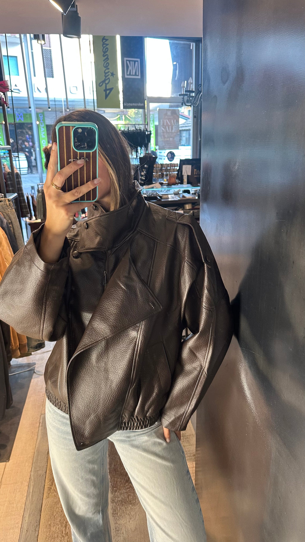 Giacca chiodo in Ecopelle Marrone «Aviator»