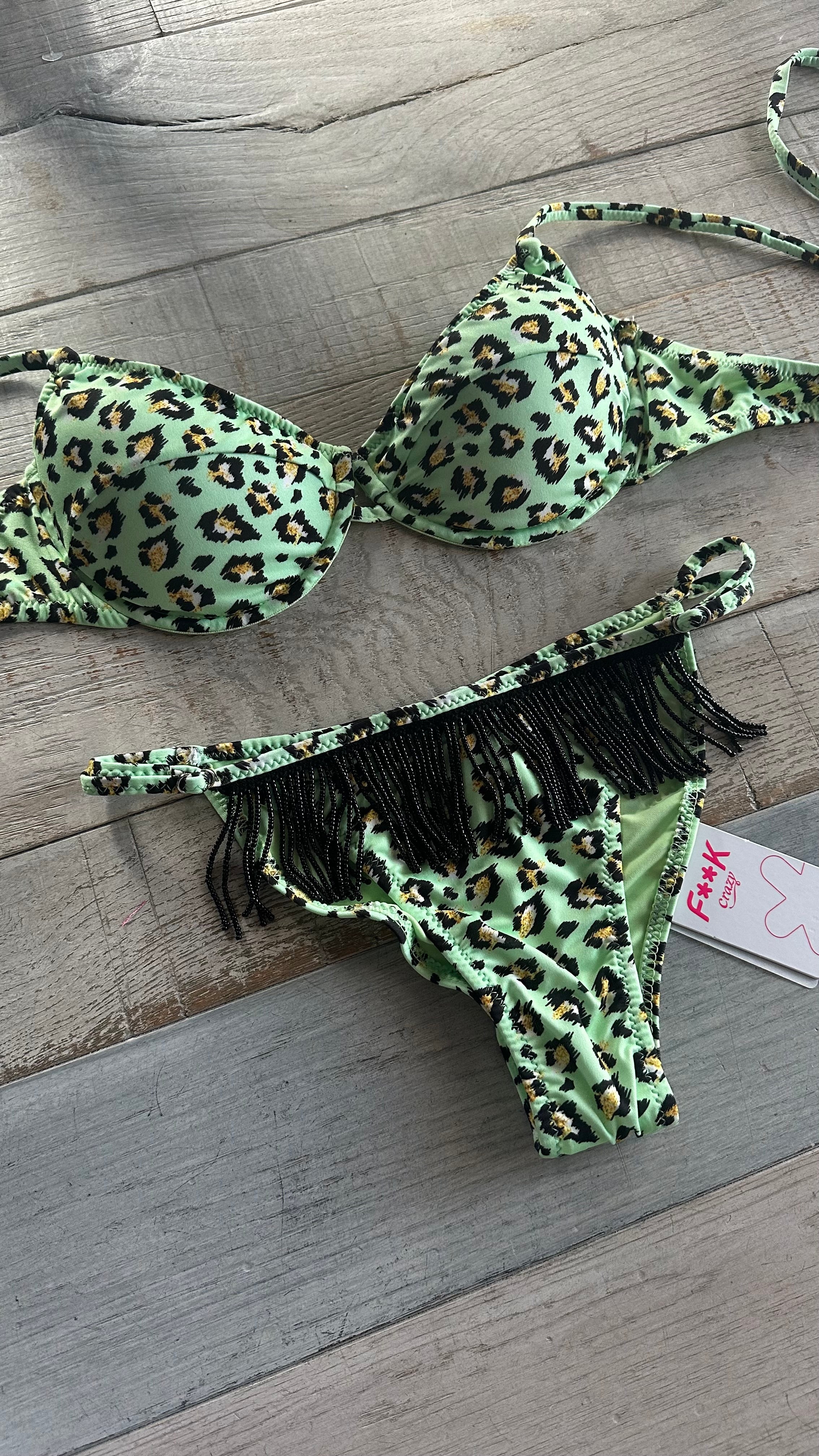 Balconcino Leopardato Verde con Perline Nere