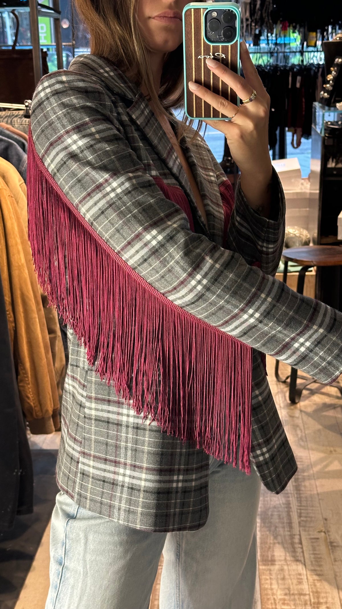 Giacca Blazer Tartan Rodeo con Frange Bordeaux