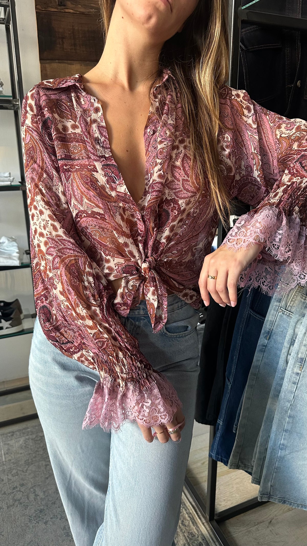 Camicia Blusa Paisley Rosa con Pizzo – Bohème