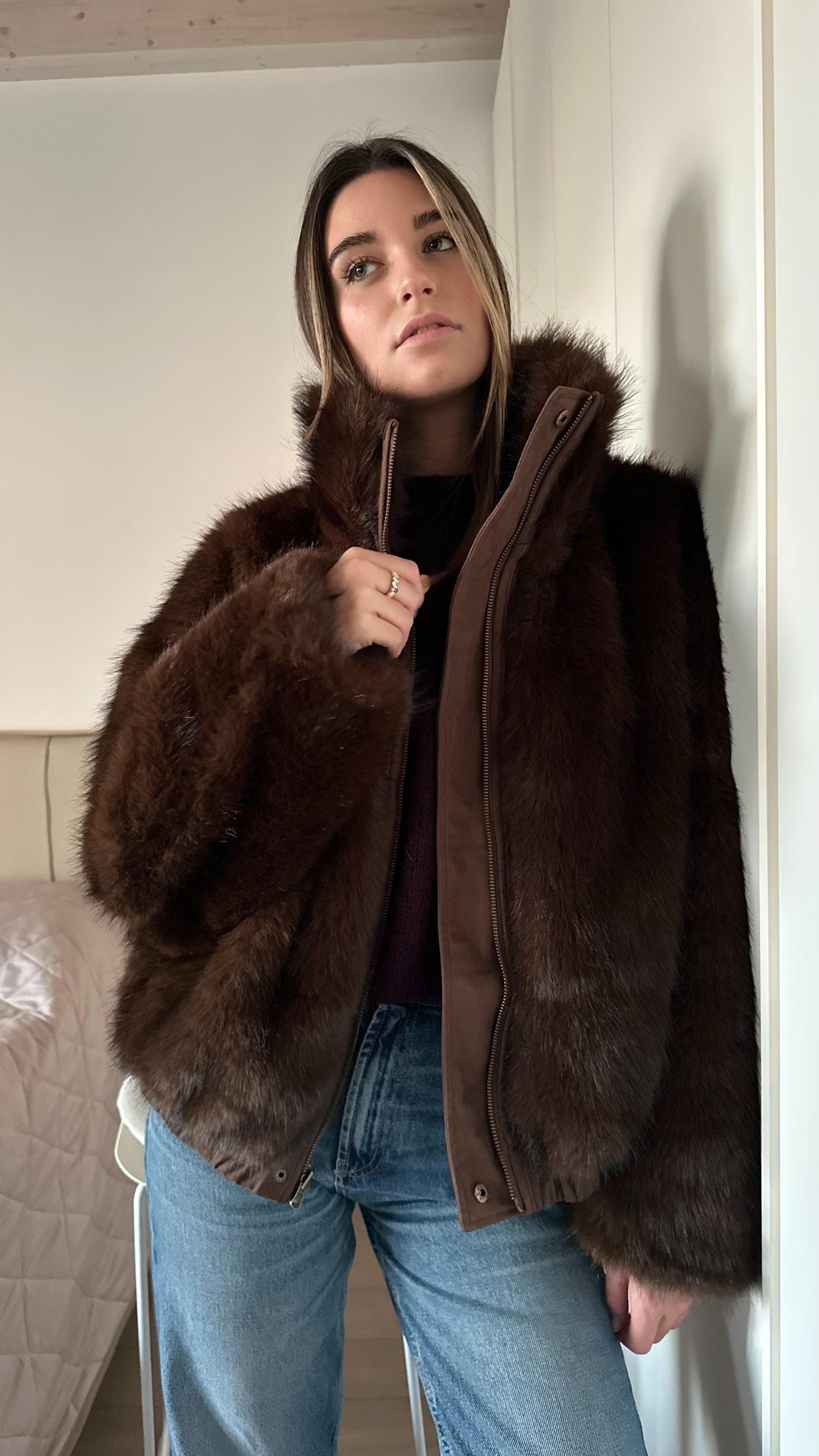 Bomber Double-face scamosciato e imbottito di pelliccia