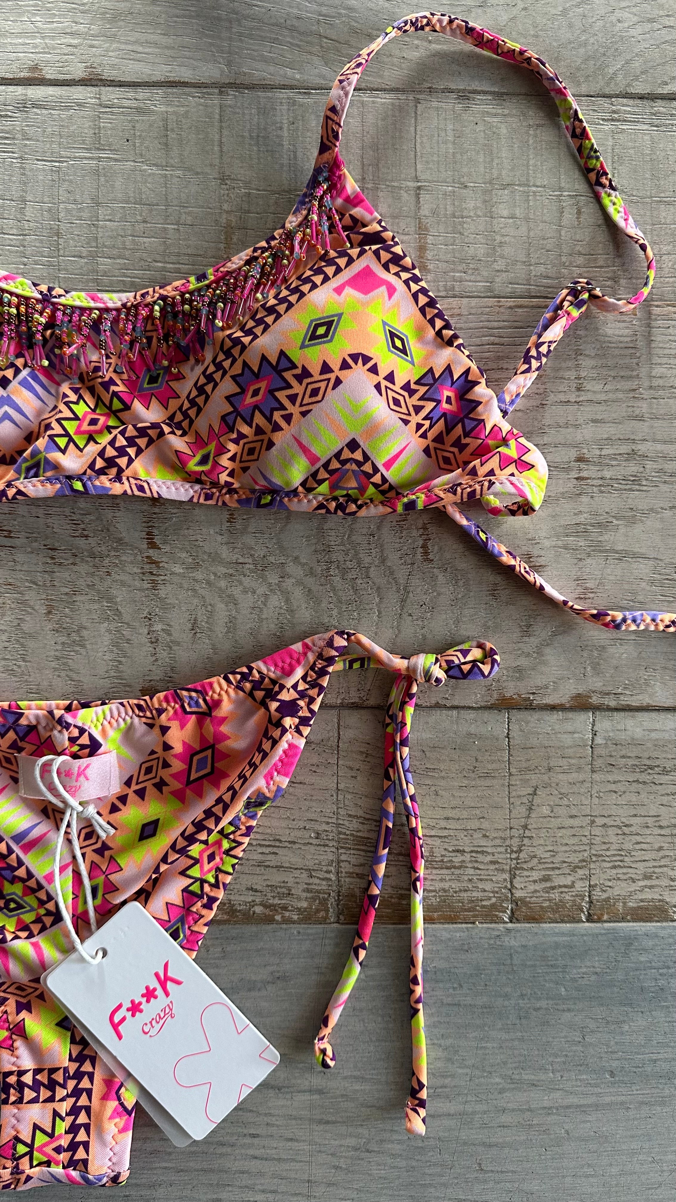 Bikini Top Azteco Multicolor con Perline Rosa
