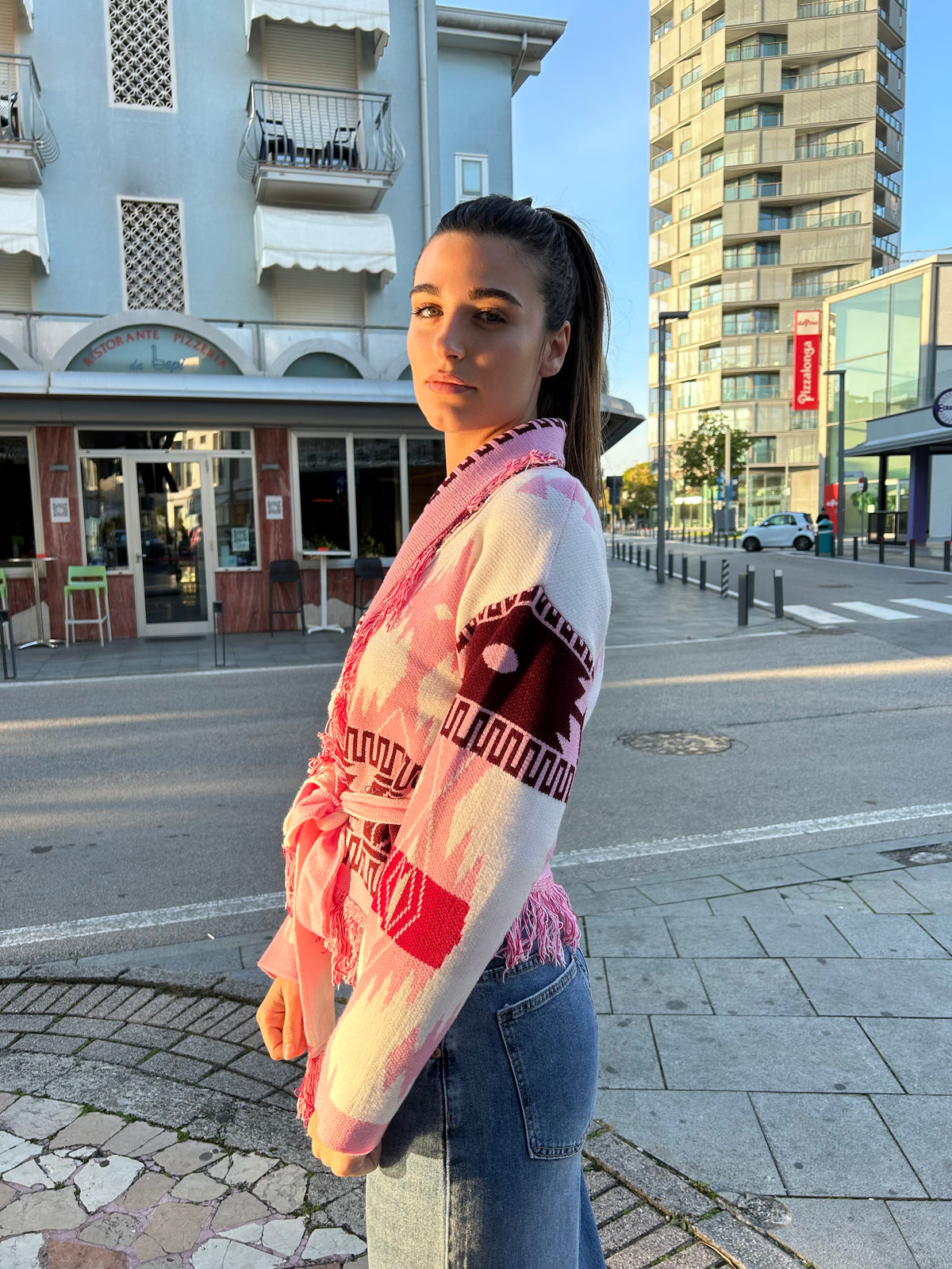 Cardigan Crop Azteco Rosa