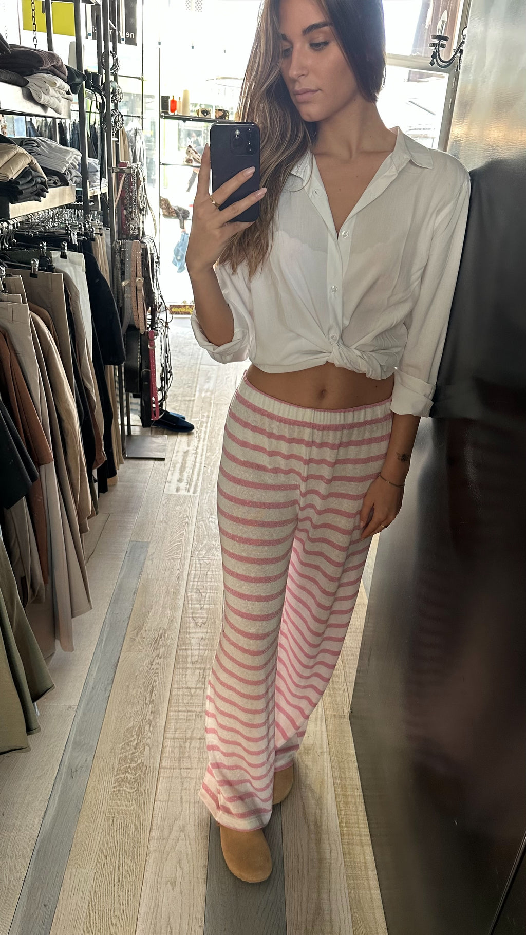 Pantalone a Riga In Lino Rosa