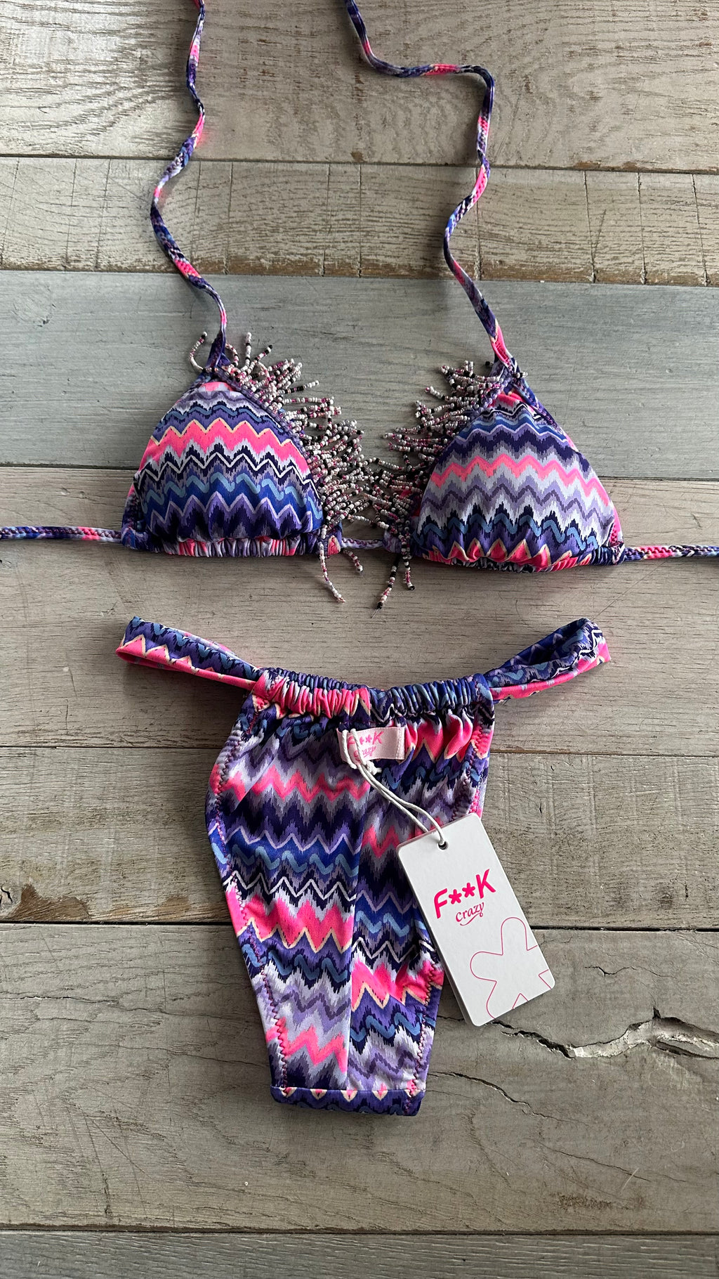 Triangolo Zig Zag Blu e Rosa con Perline