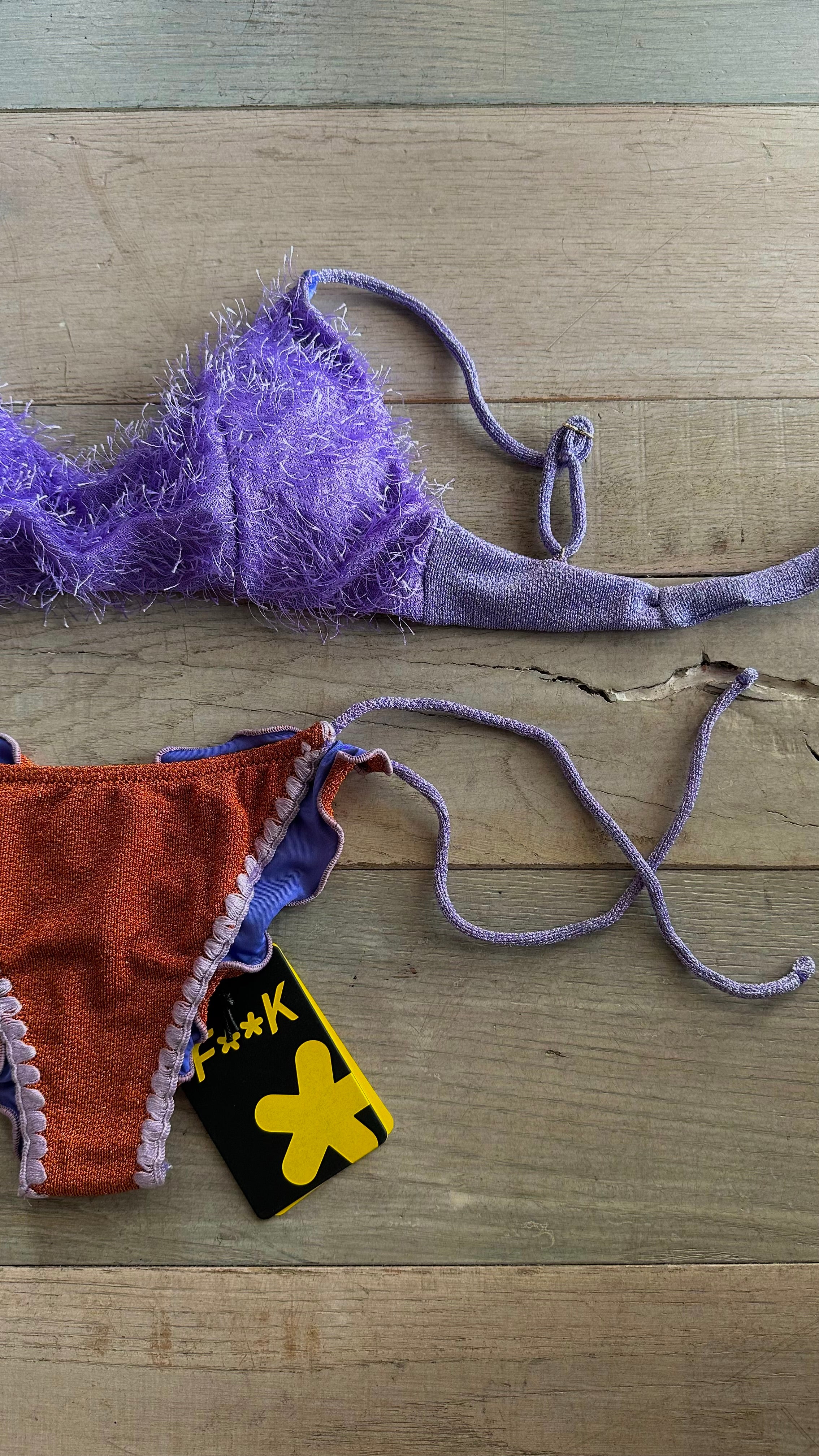 Bikini Top in Lurex Piume Lilla e Arancione