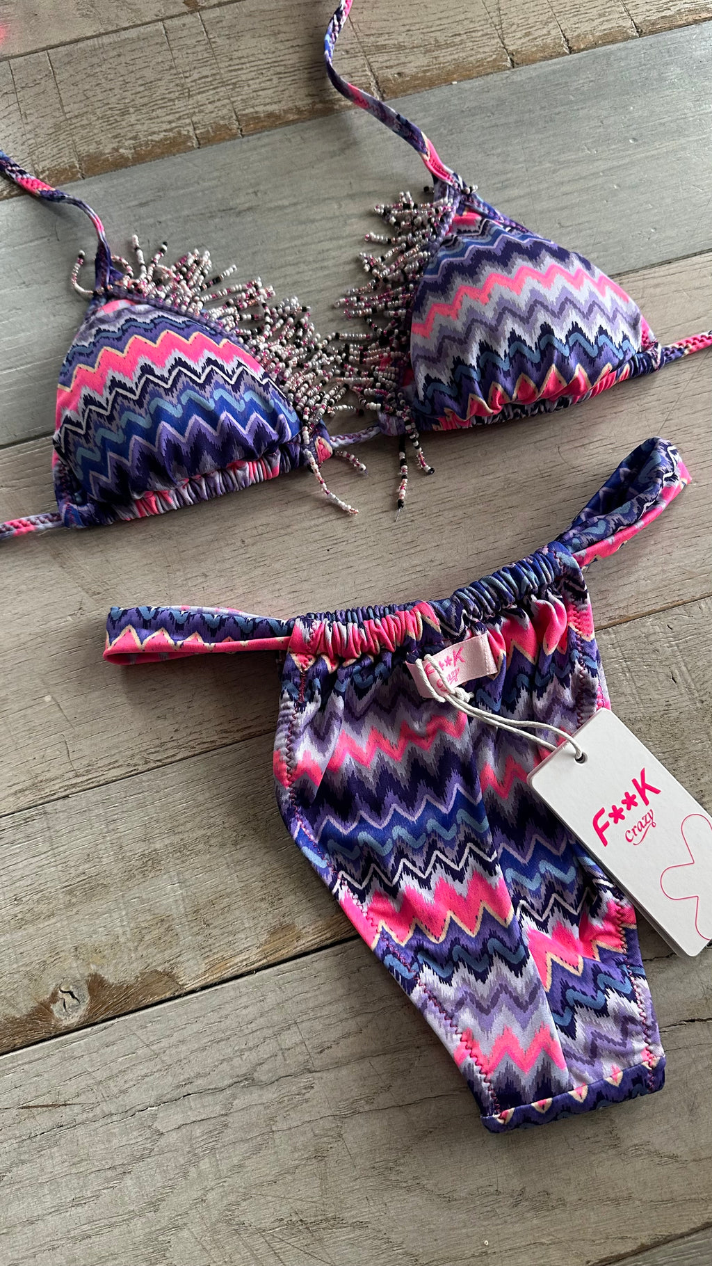 Triangolo Zig Zag Blu e Rosa con Perline