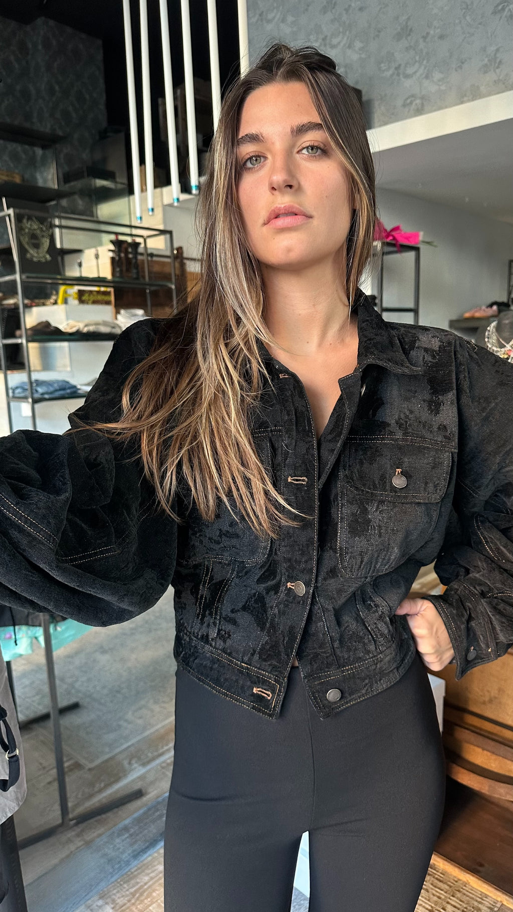 Giacca Crop in Denim e Velluto «noire»