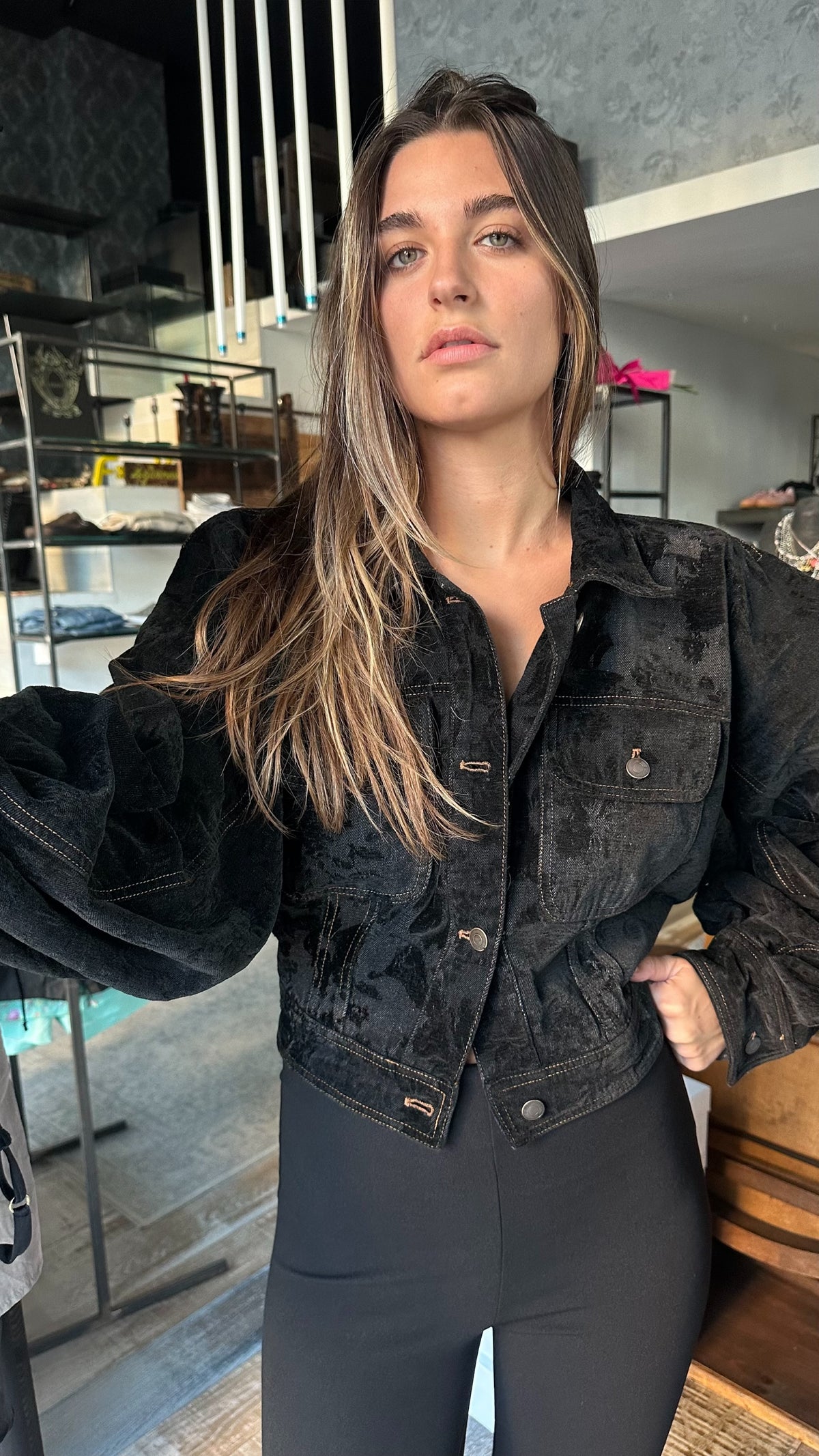 Giacca Crop in Denim e Velluto «noire»
