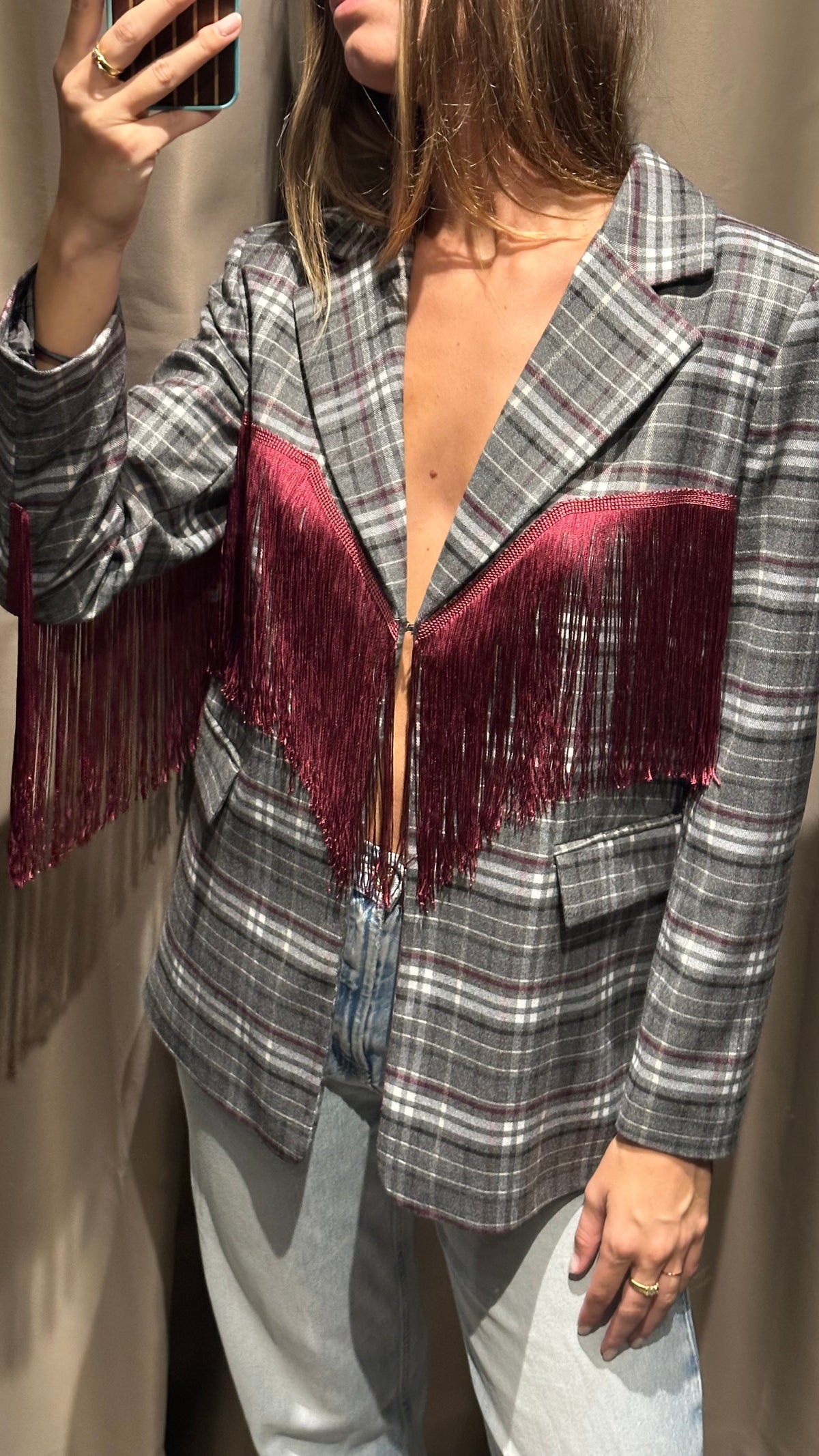 Giacca Blazer Tartan Rodeo con Frange Bordeaux