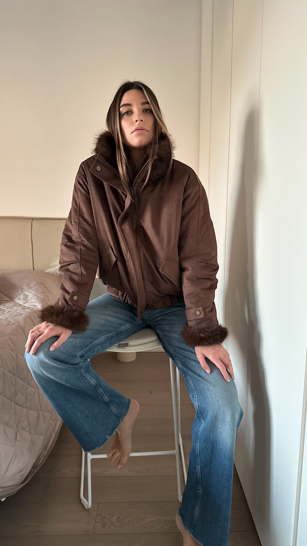 Bomber Double-face scamosciato e imbottito di pelliccia