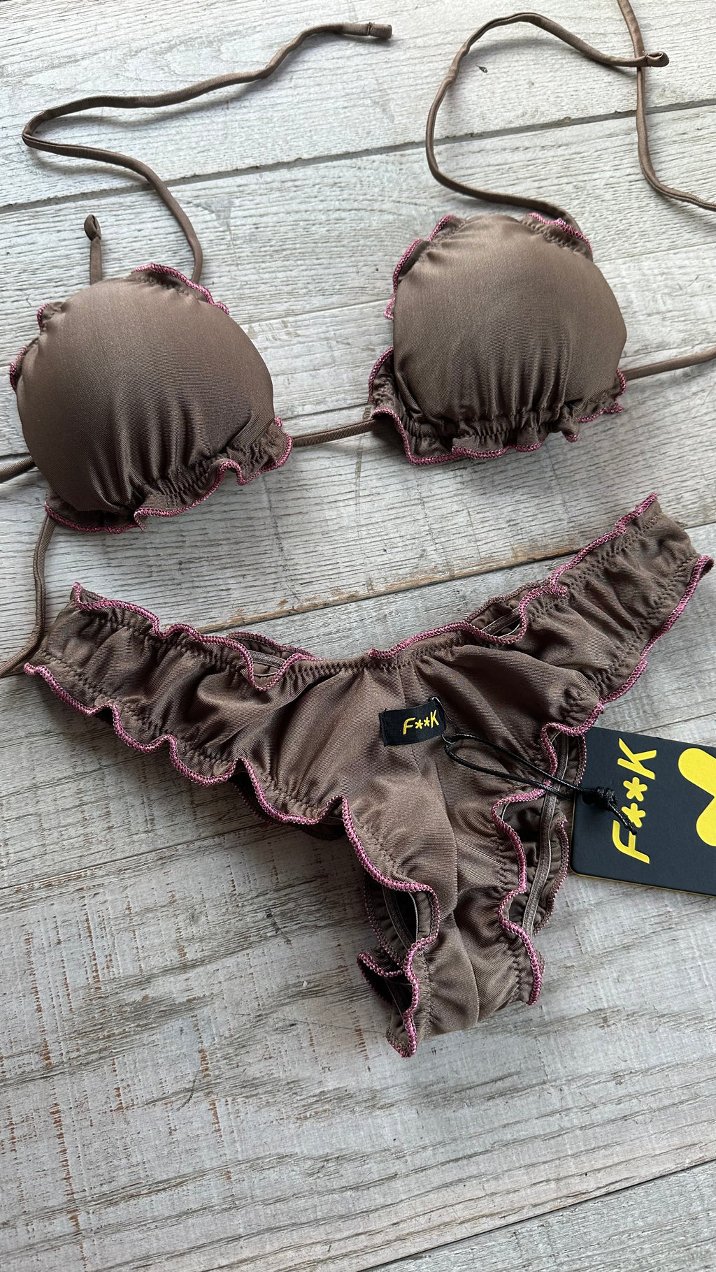 Triangolo Sbambolato Frou Frou Marrone Bordo Rosa Lurex