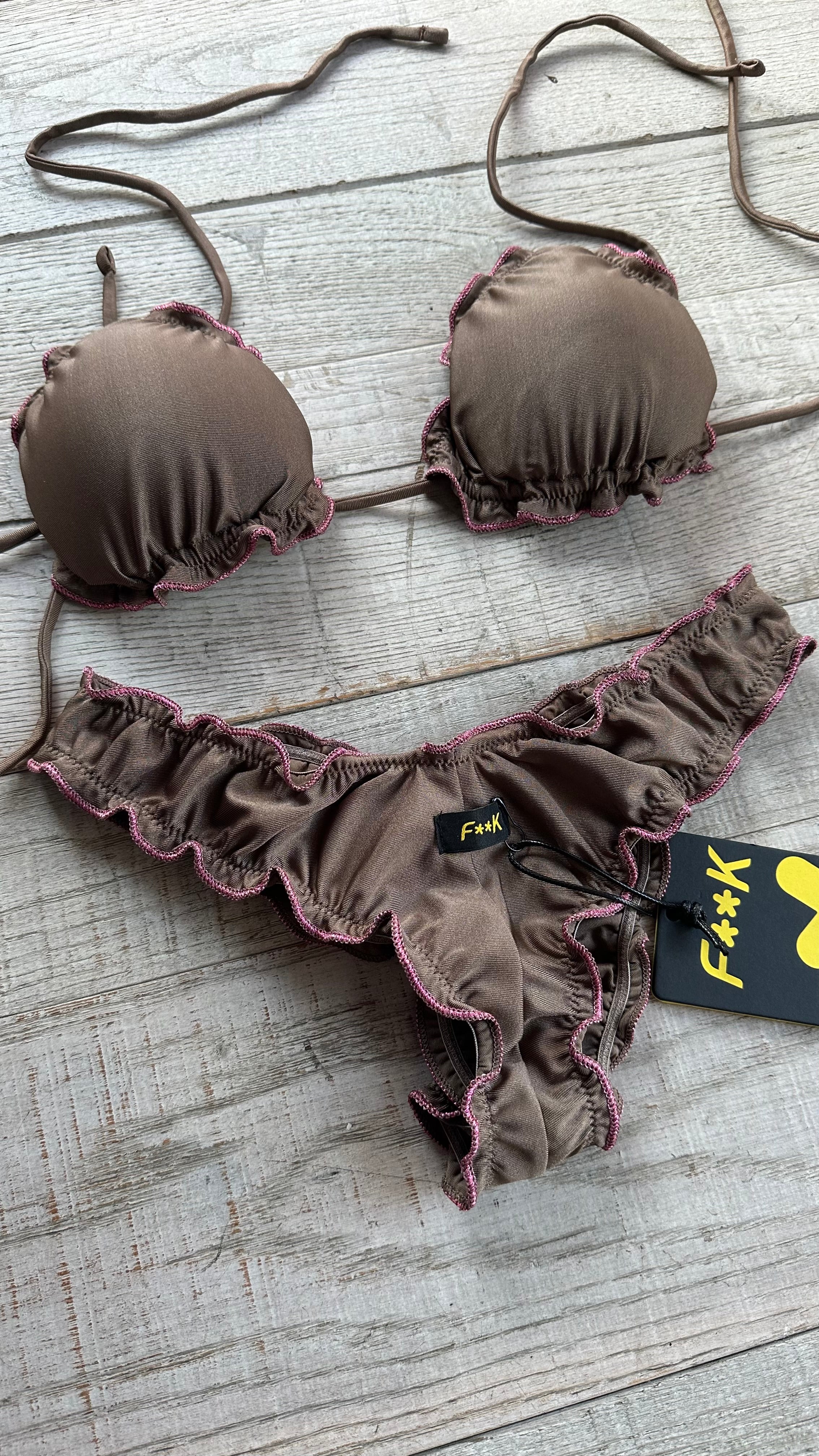 Triangolo Sbambolato Frou Frou Marrone Bordo Rosa Lurex