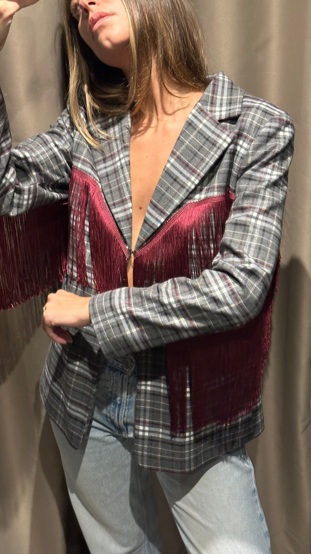 Giacca Blazer Tartan Rodeo con Frange Bordeaux