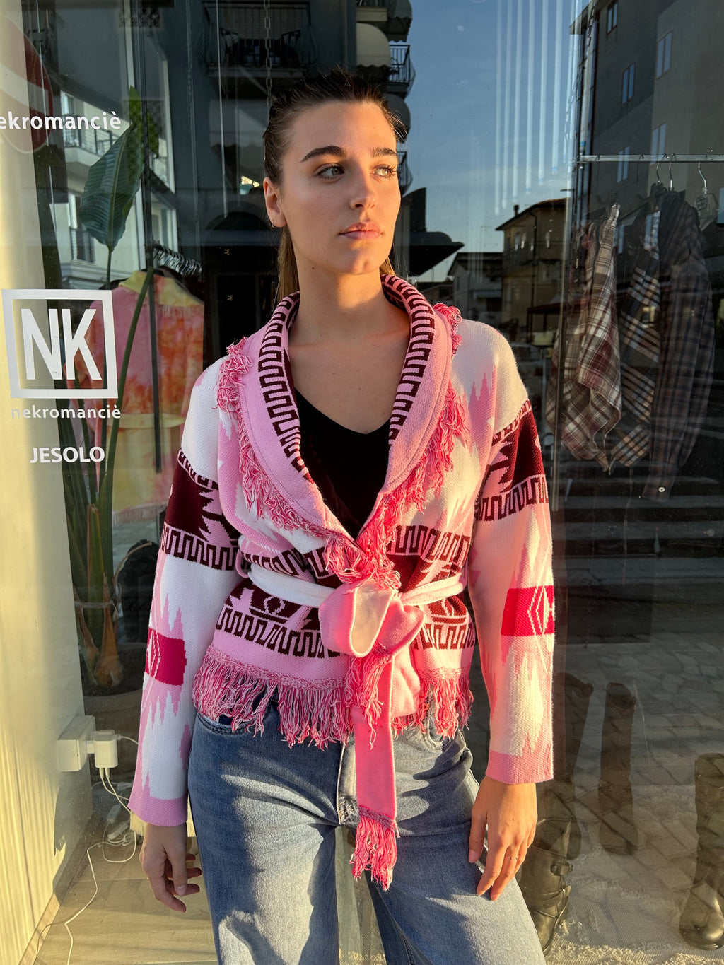 Cardigan Crop Azteco Rosa