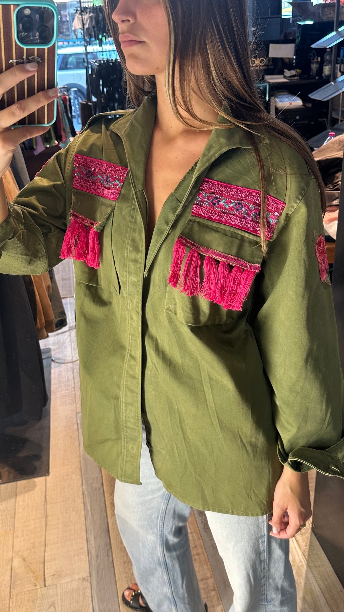 Giacca Militare Verde con Frange Fucsia «Fringe Pink»