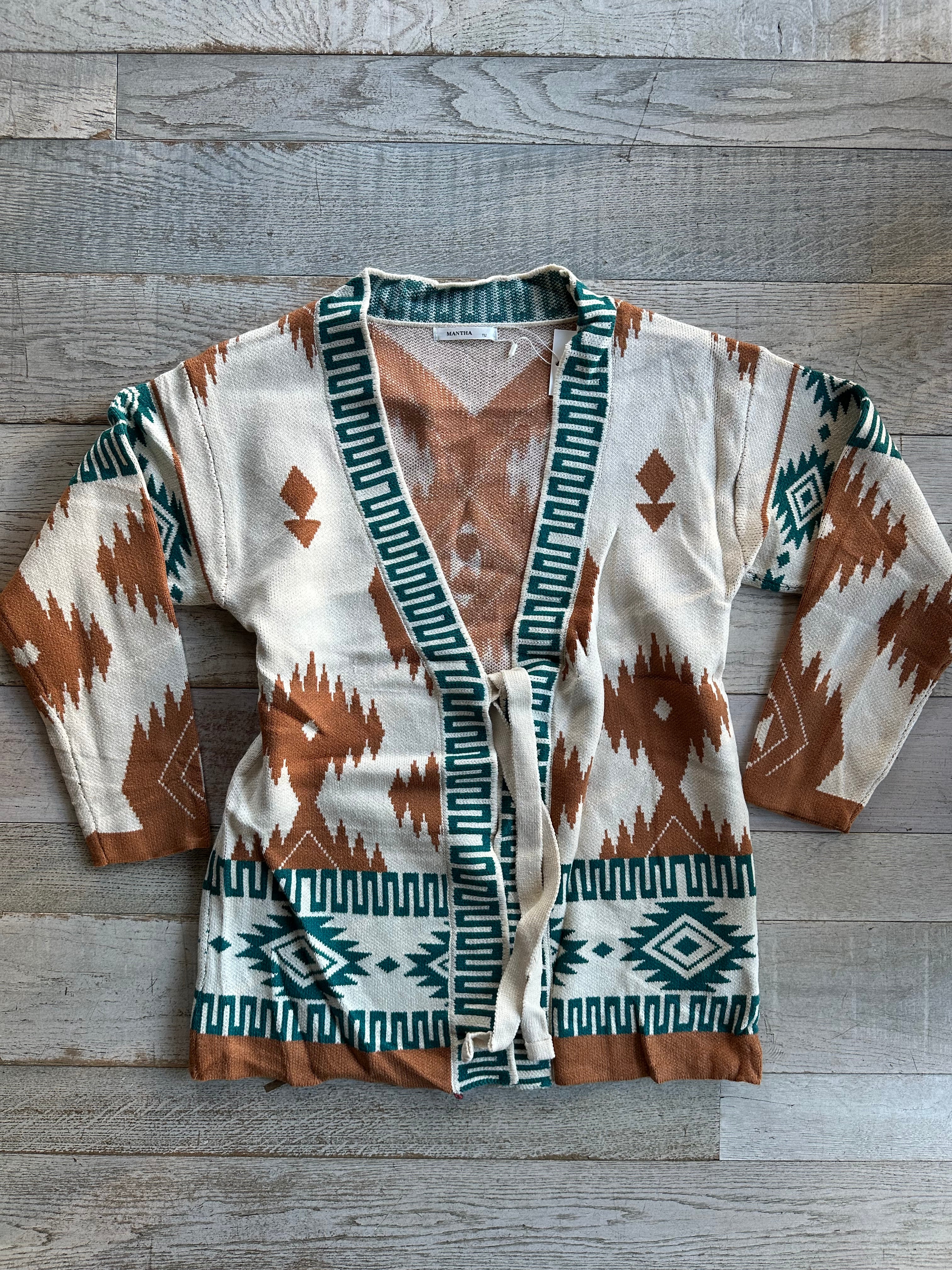 Cardigan Azteco Beije e verde