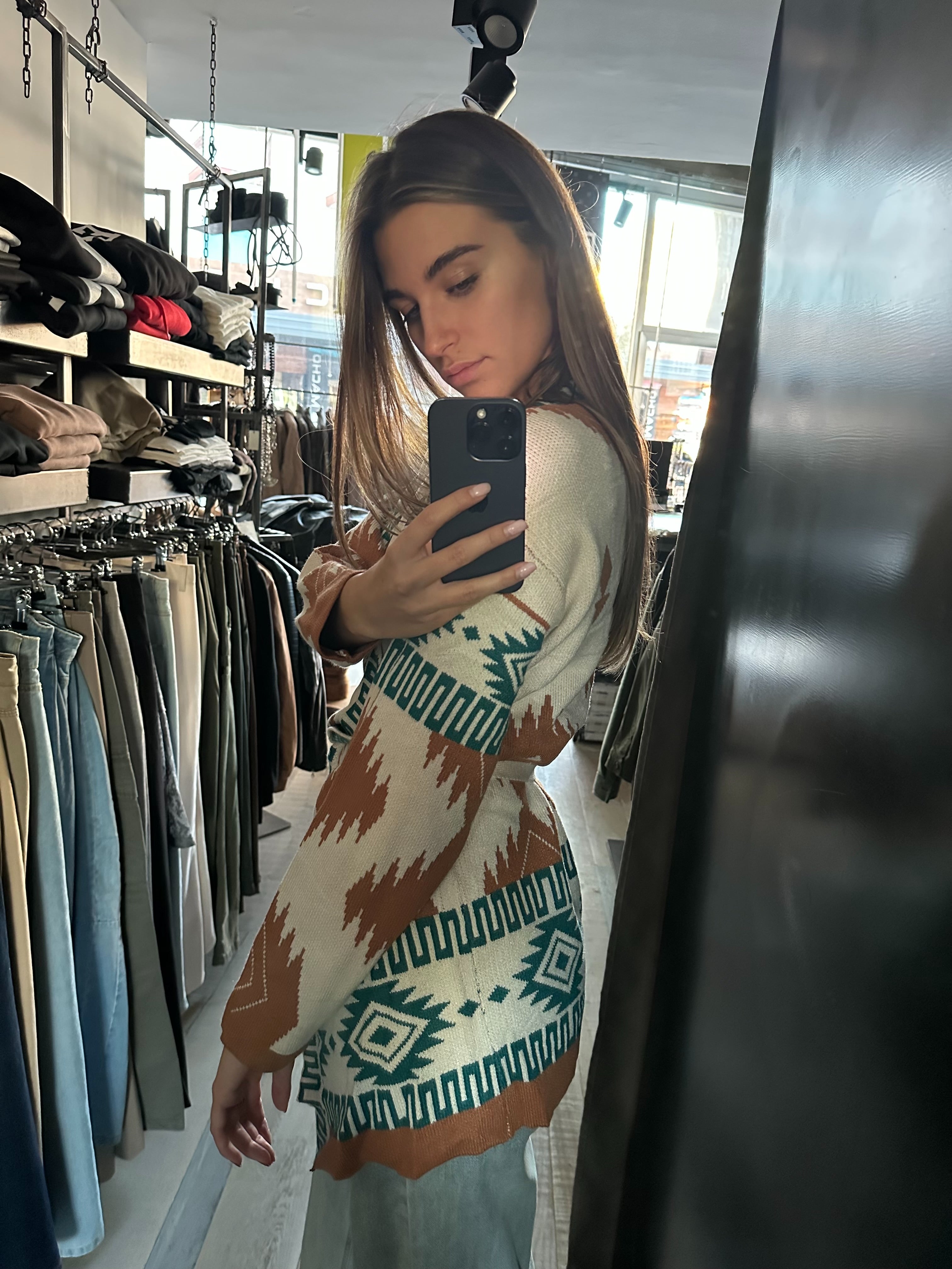 Cardigan Azteco Beije e verde