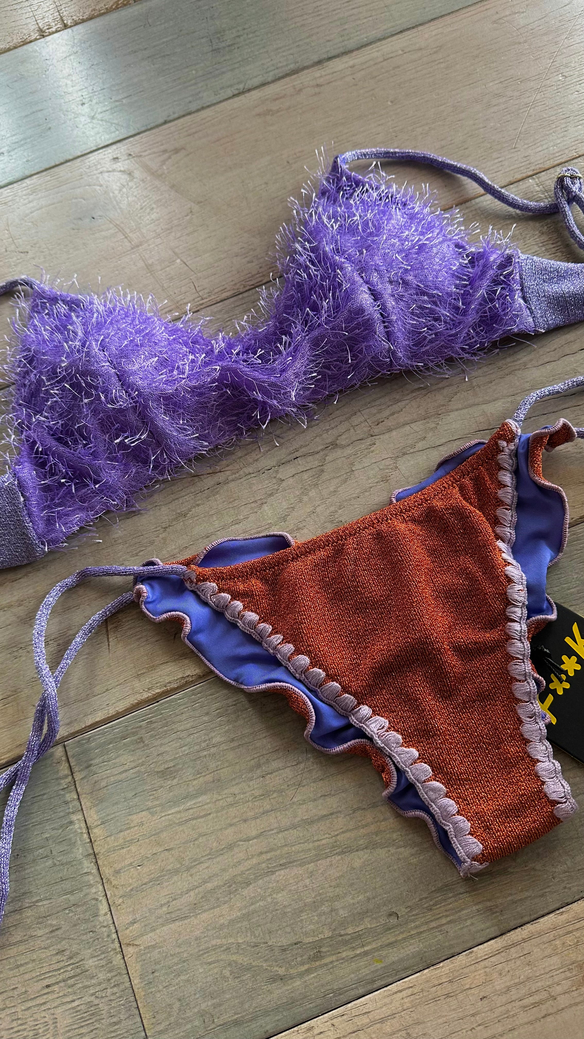 Bikini Top in Lurex Piume Lilla e Arancione