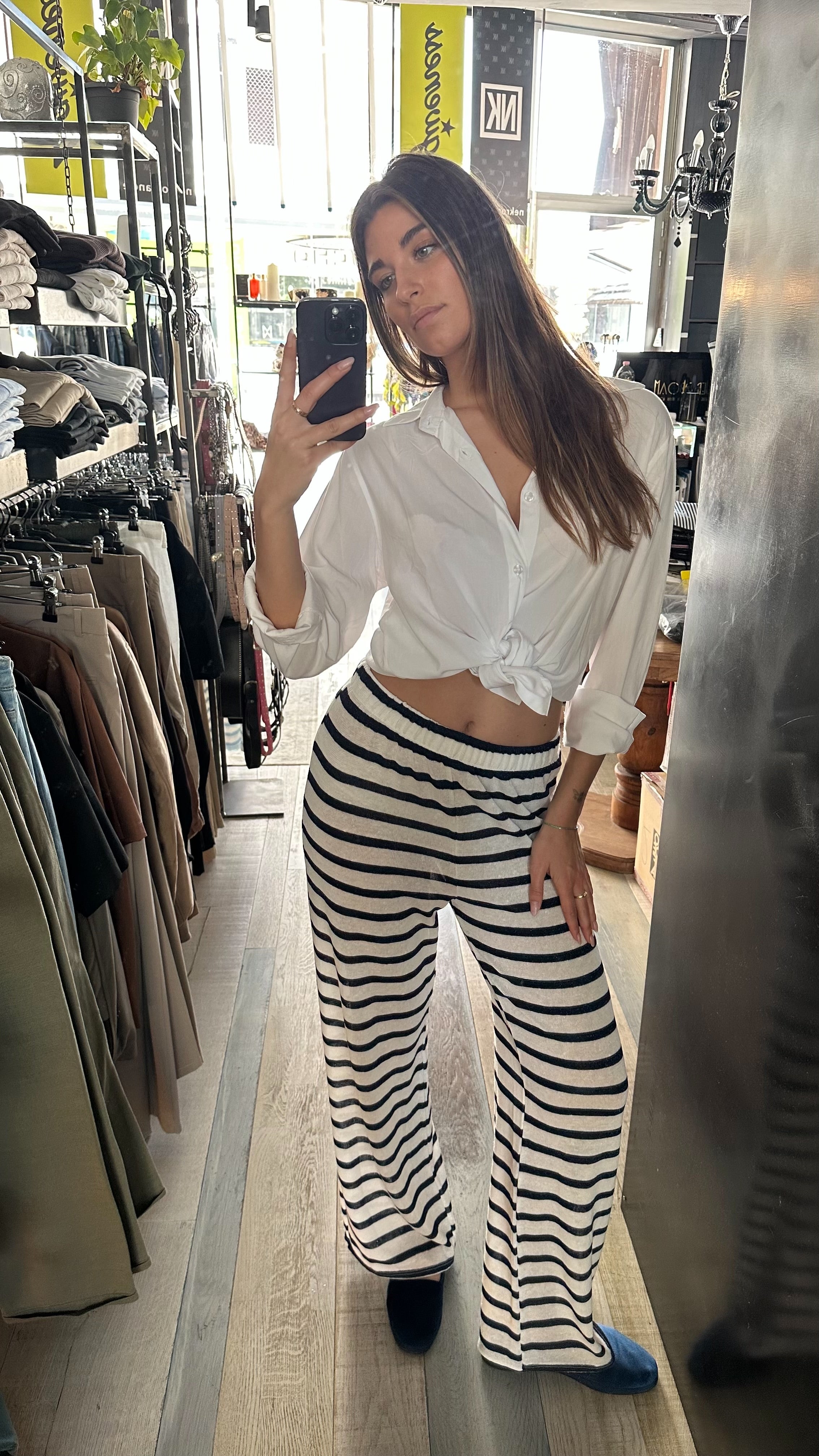 Pantalone a Riga In Lino Blu