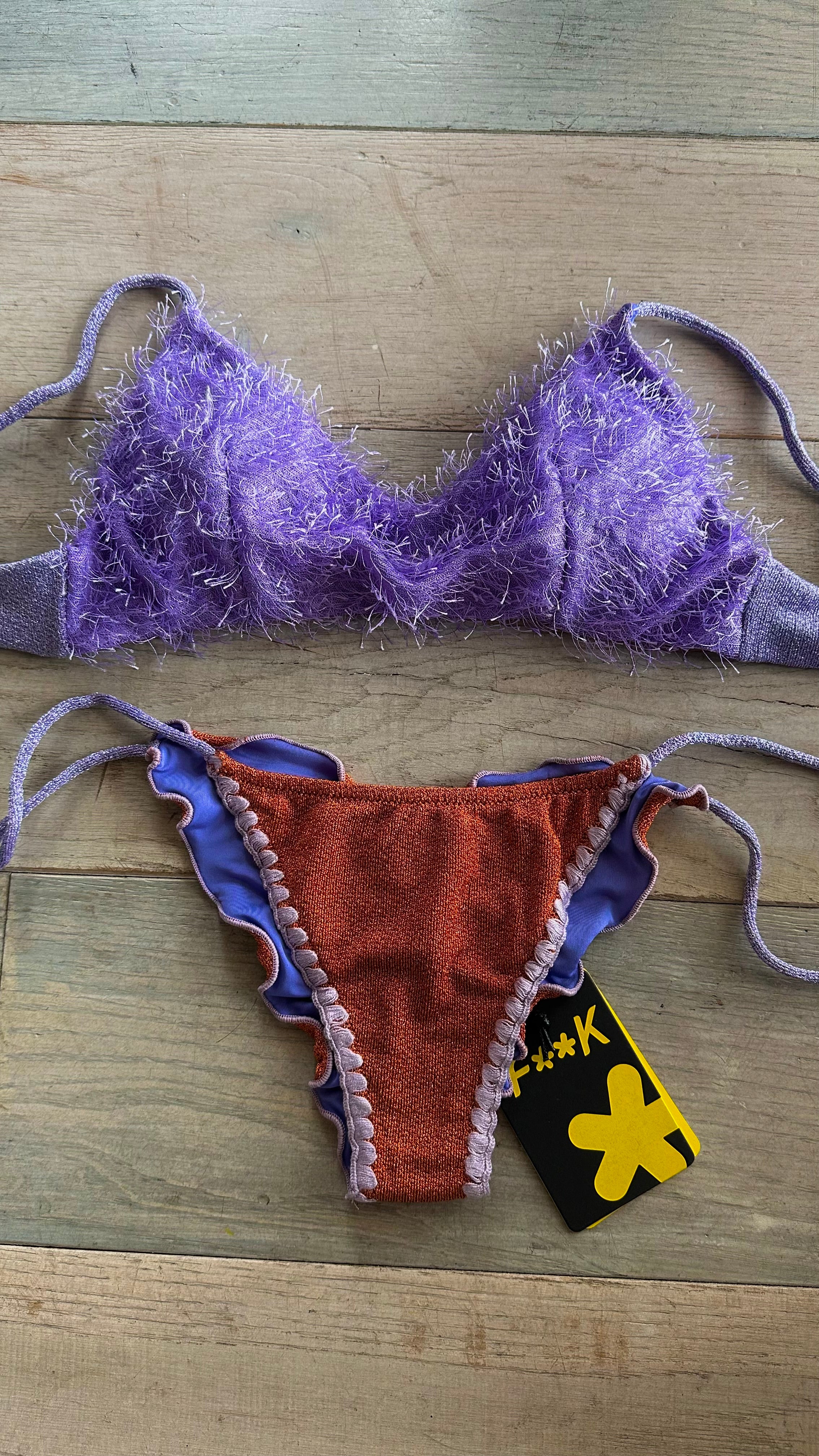 Bikini Top in Lurex Piume Lilla e Arancione