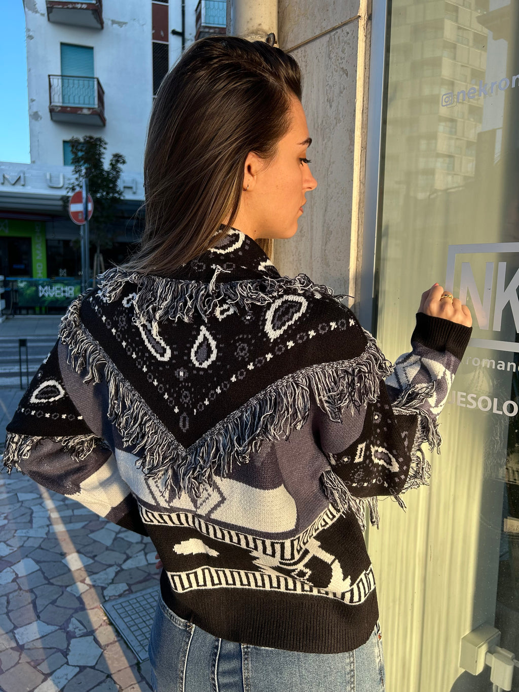 Cardigan Crop Bandana Blu e Nero