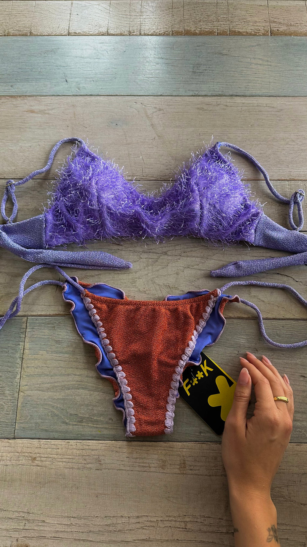 Bikini Top in Lurex Piume Lilla e Arancione