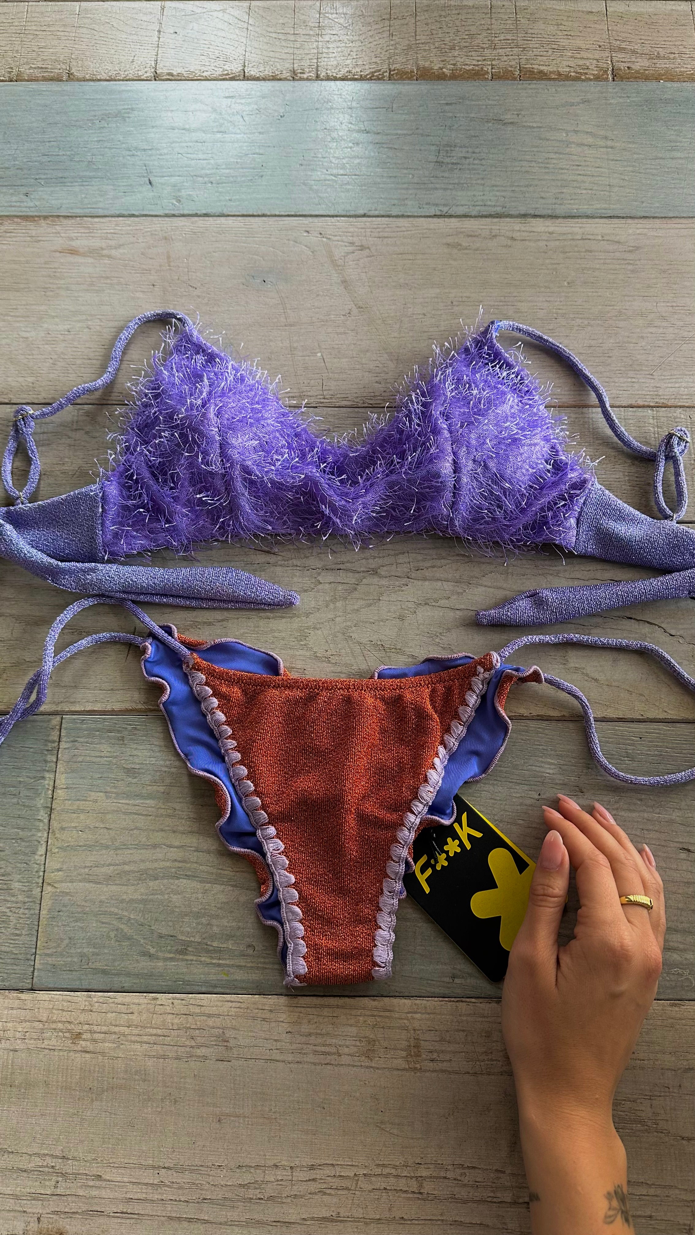 Bikini Top in Lurex Piume Lilla e Arancione