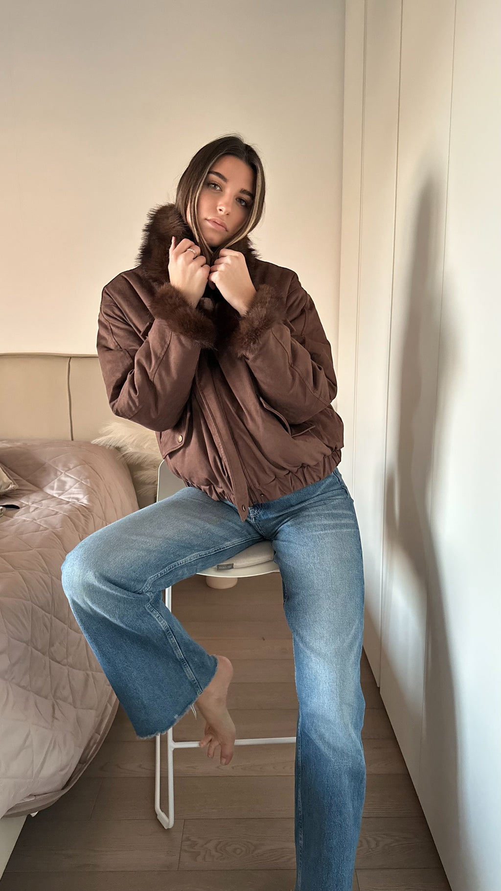 Bomber Double-face scamosciato e imbottito di pelliccia